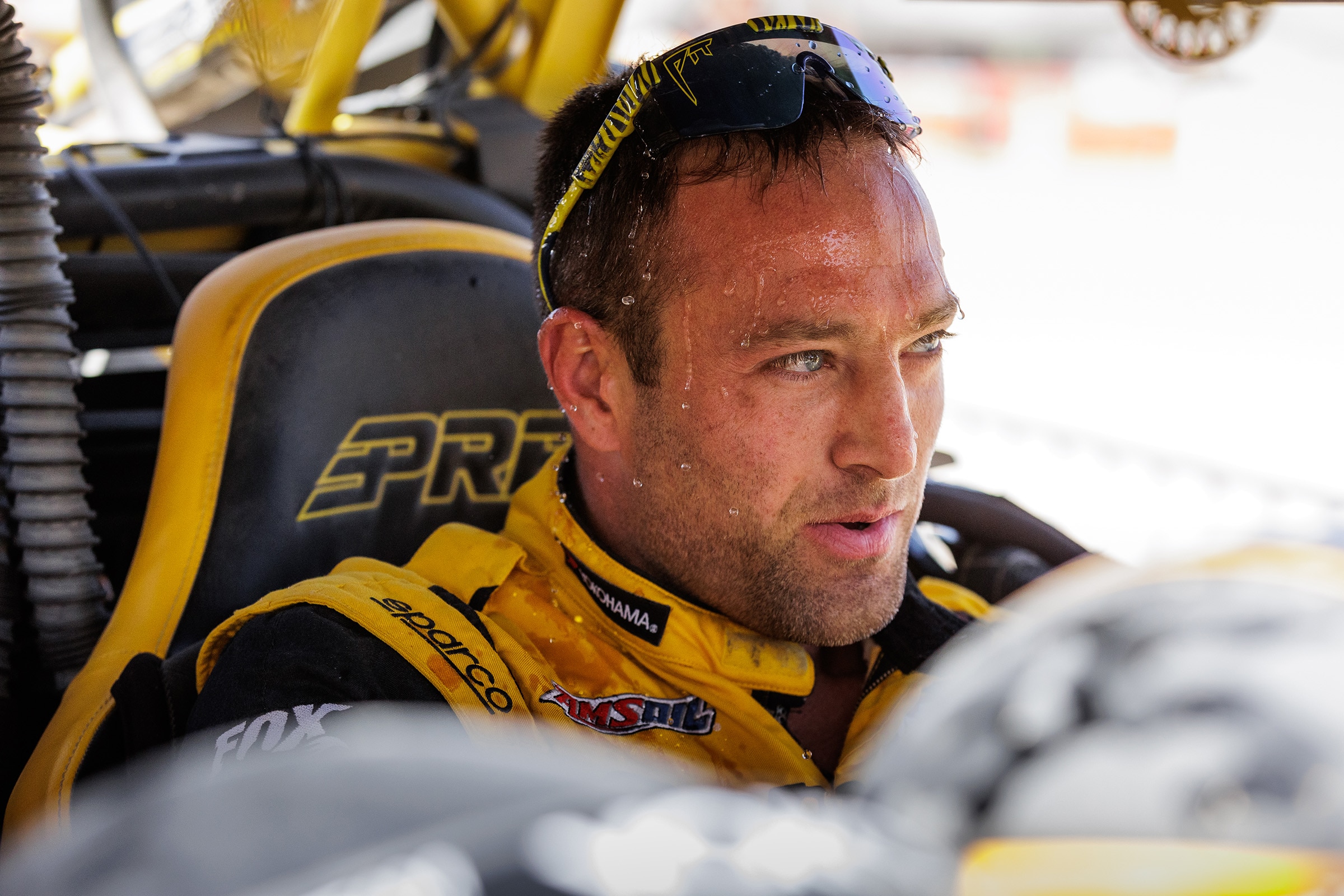 Kyle Chaney, Can-Am Off-Road racer, behind the wheel of his SxS vehicle at the 2024 King of the Hammers event