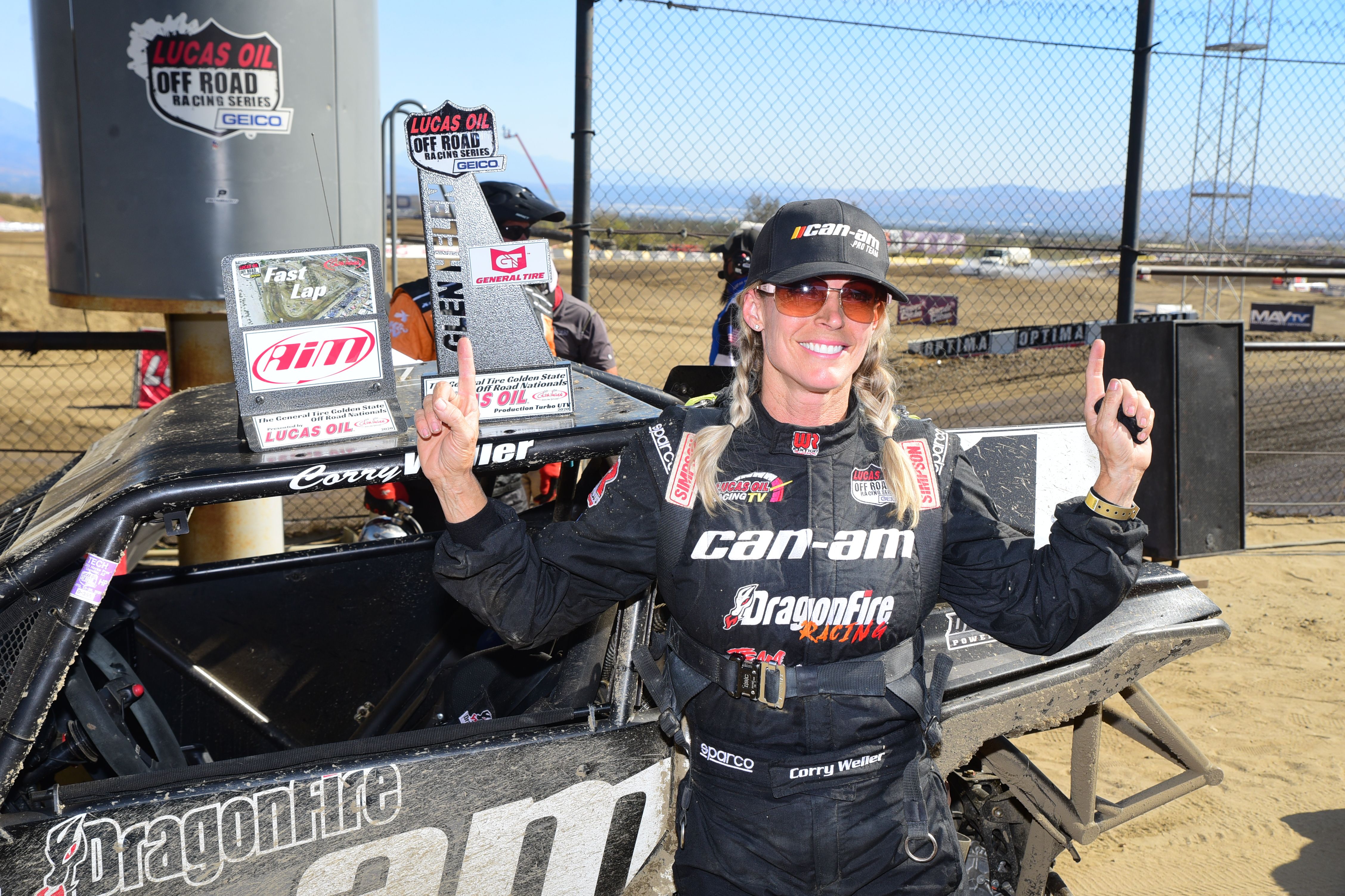 Corry Weller celebrating her win at Lucas Oil Off Road Racing Series
