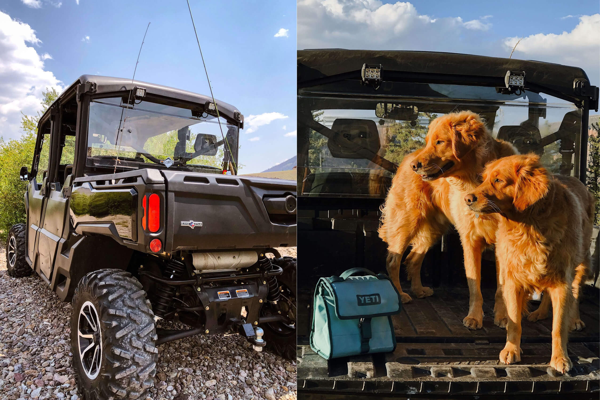 A collage of two pictures of a custom Can-Am Defender Lone Star with dogs
