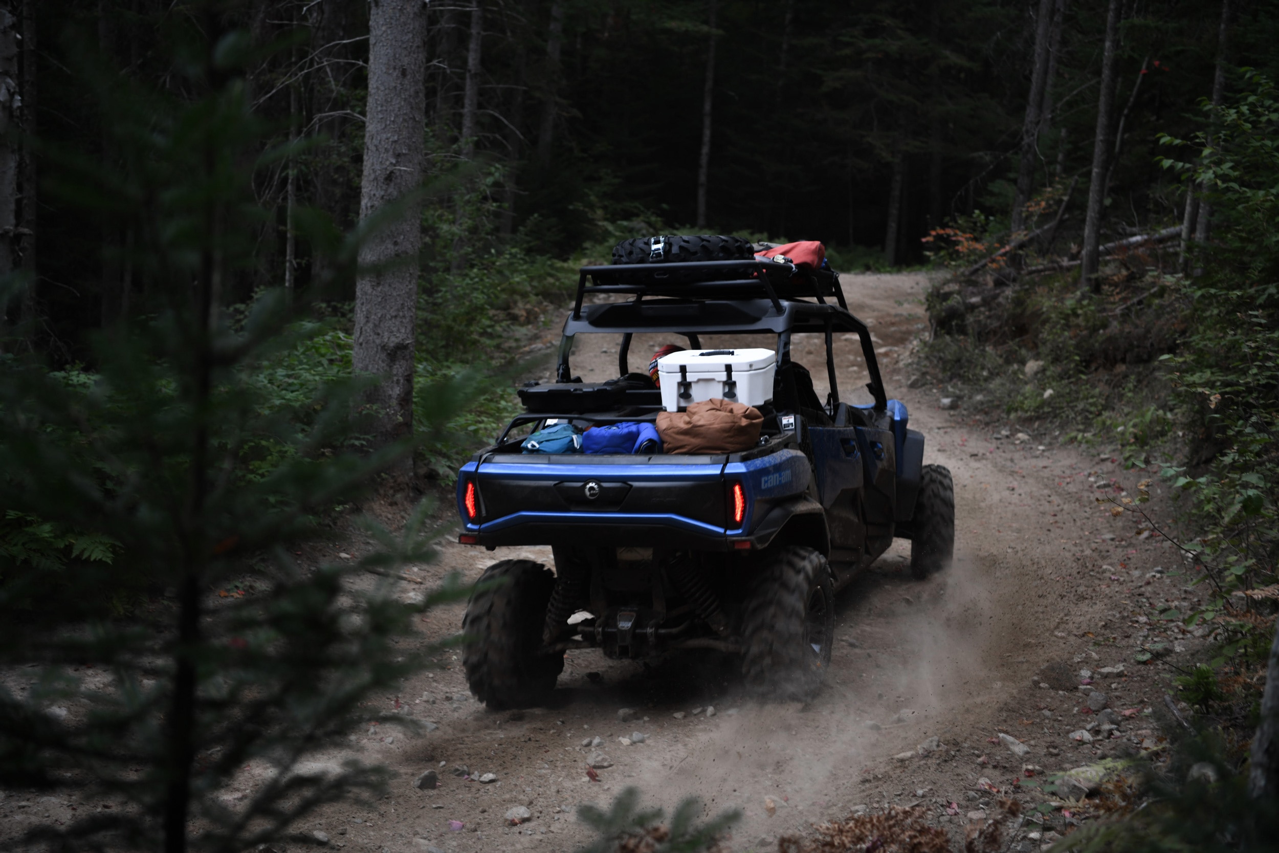 People riding a Can-Am Commander side-by-side in the woods