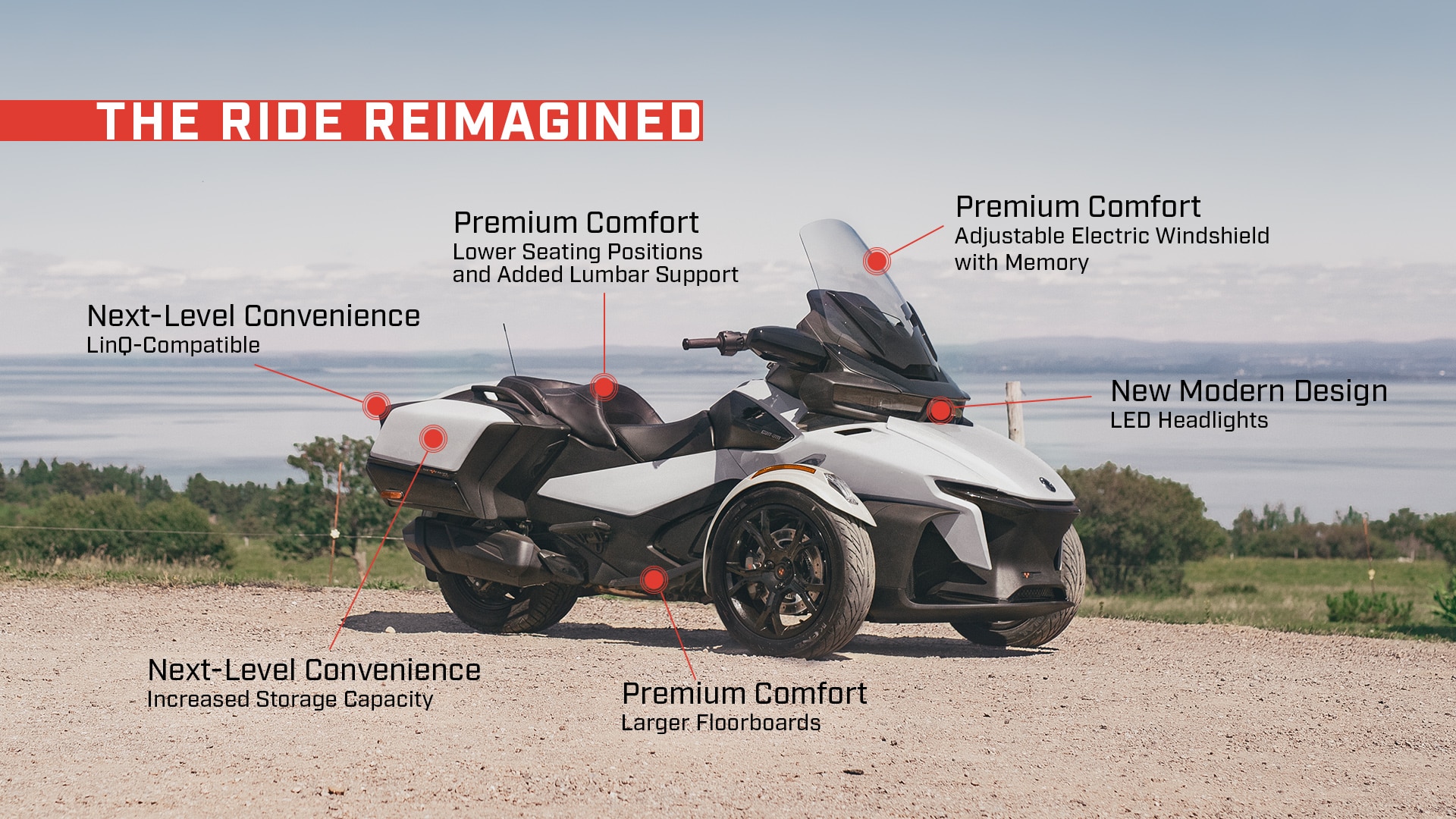 View of a white Can-Am Spyder with riding upgrades