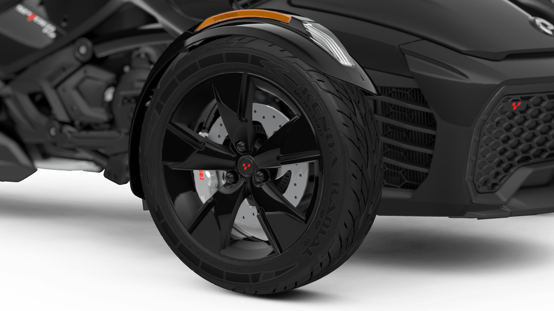 The wheel of a Can-Am Spyder equipped with a Brembo braking system