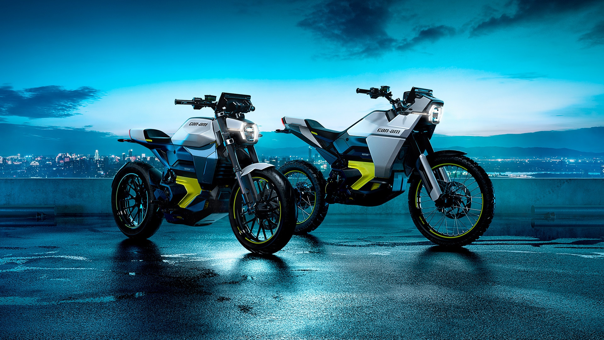 Can-Am motorcycles outdoors at night