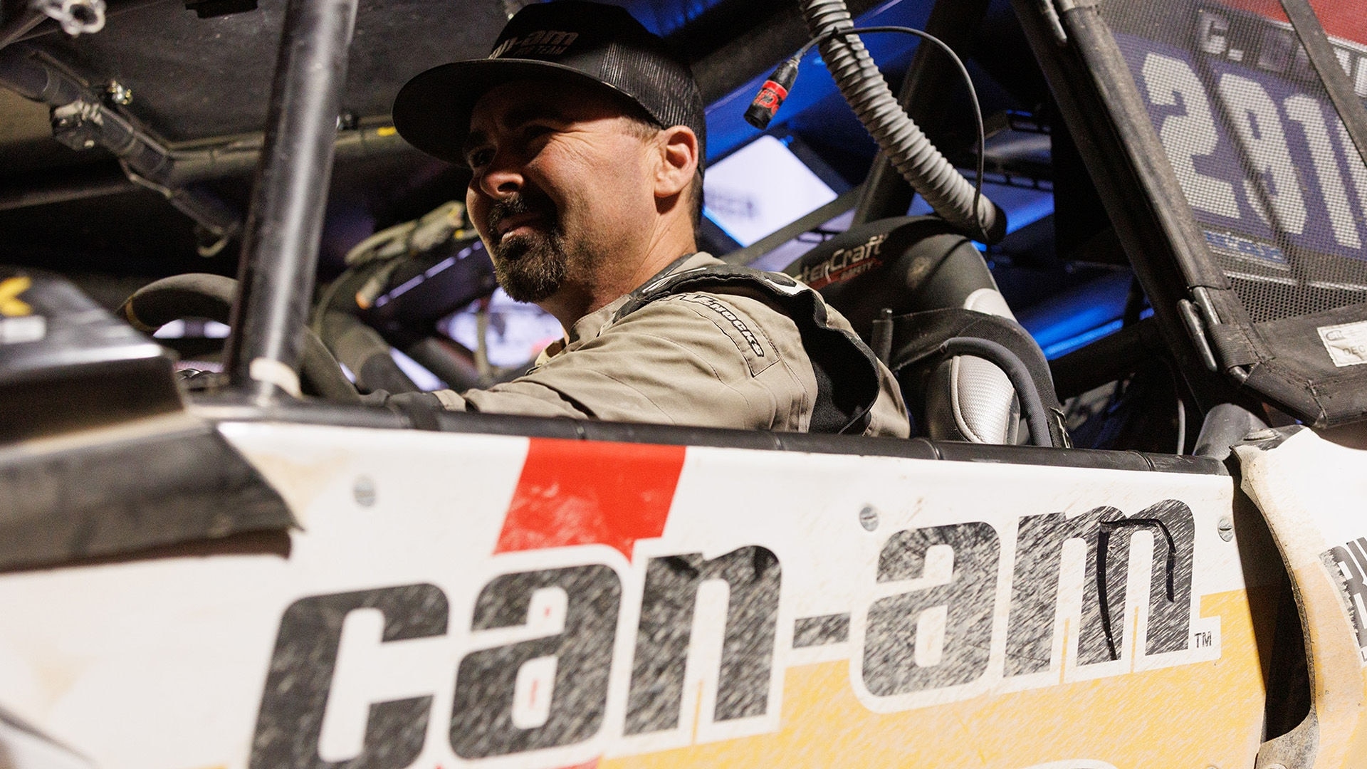 Close up of Chris Blais as he gets ready for the big race