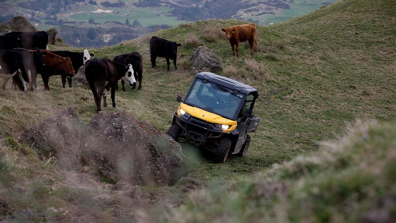 A Can-Am Defender driving through a steep field in New Zealand.