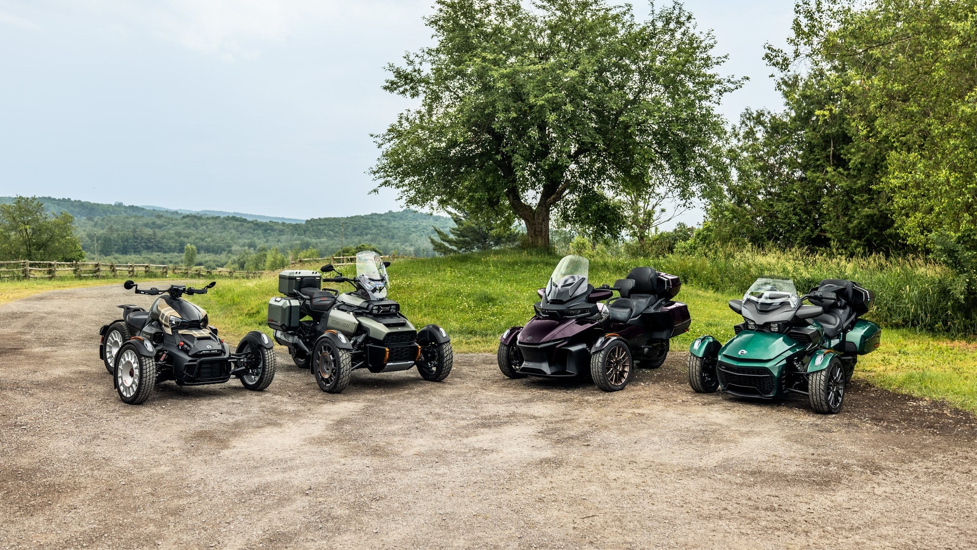 The Can-Am 3-wheel family (Canyon, Ryker, Spyder) parked next to each other