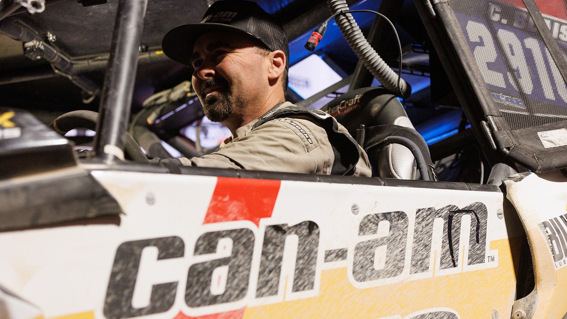 Close up of Chris Blais while he gets ready for the big race at Vegas to Reno