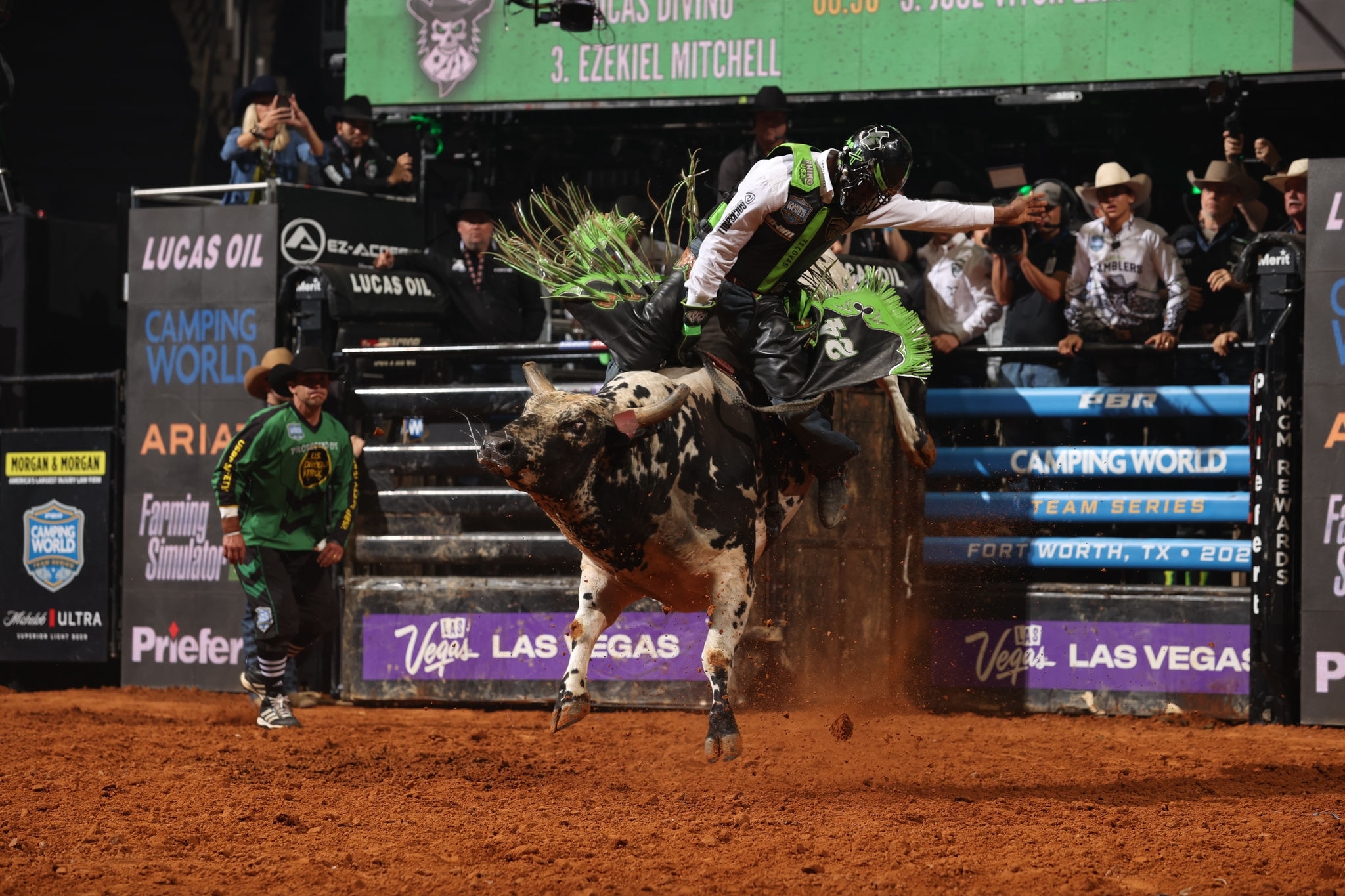 A bull rider in action