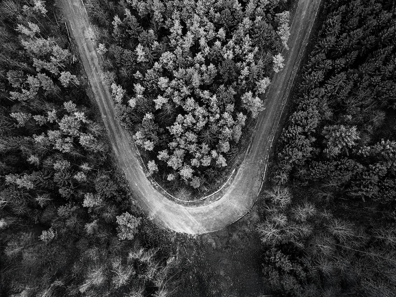 Aerial view of a gravel road surrounded by forest