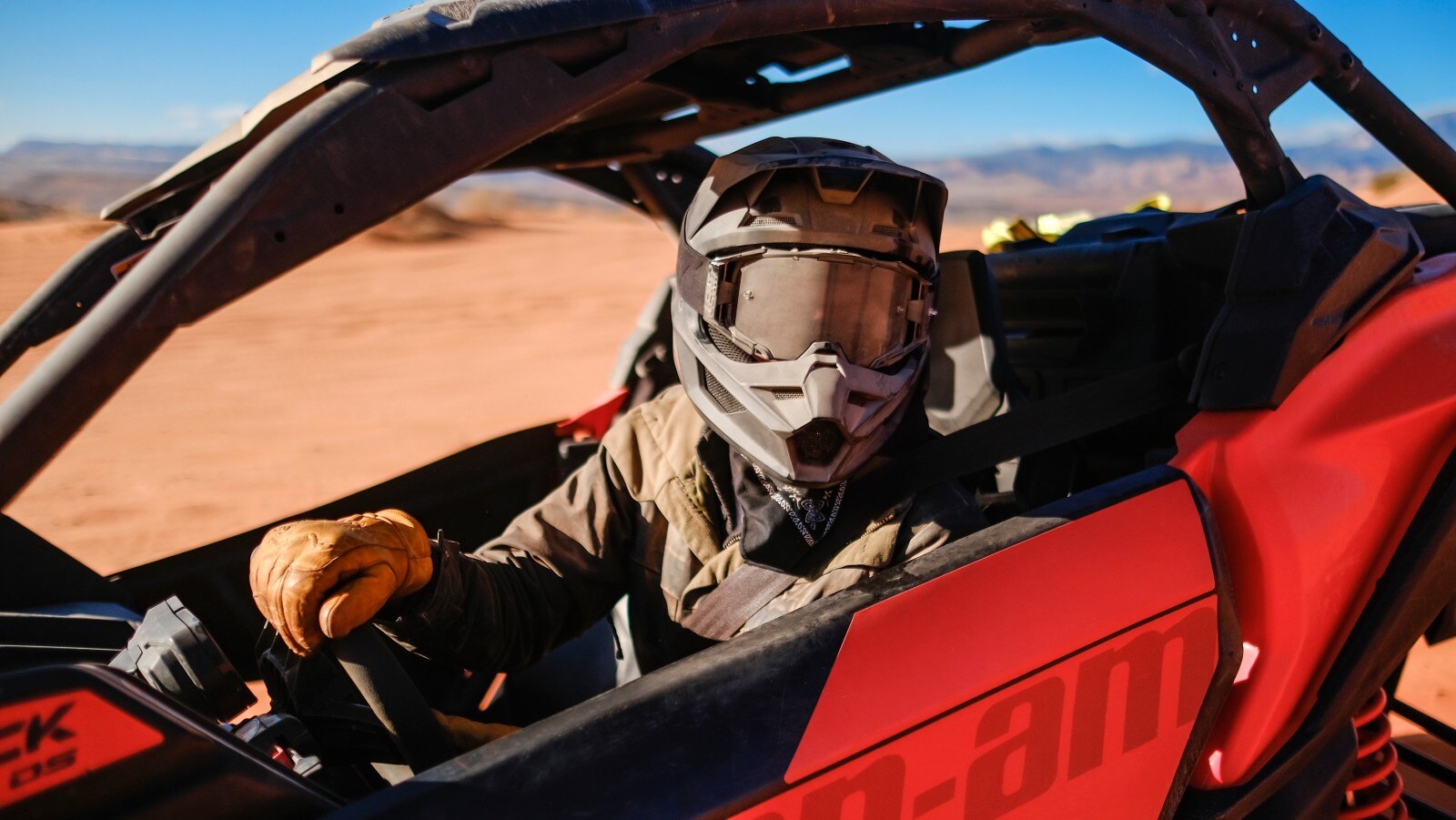 A driver in his Can-Am SxS vehicle