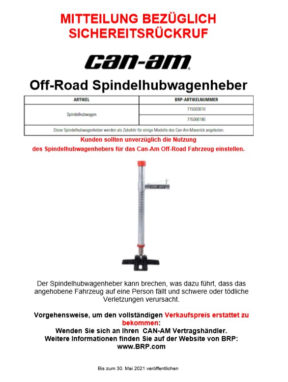Off-road Spindelhubwagenheber Mitteiling Bezuglich sichereitsruckruf
