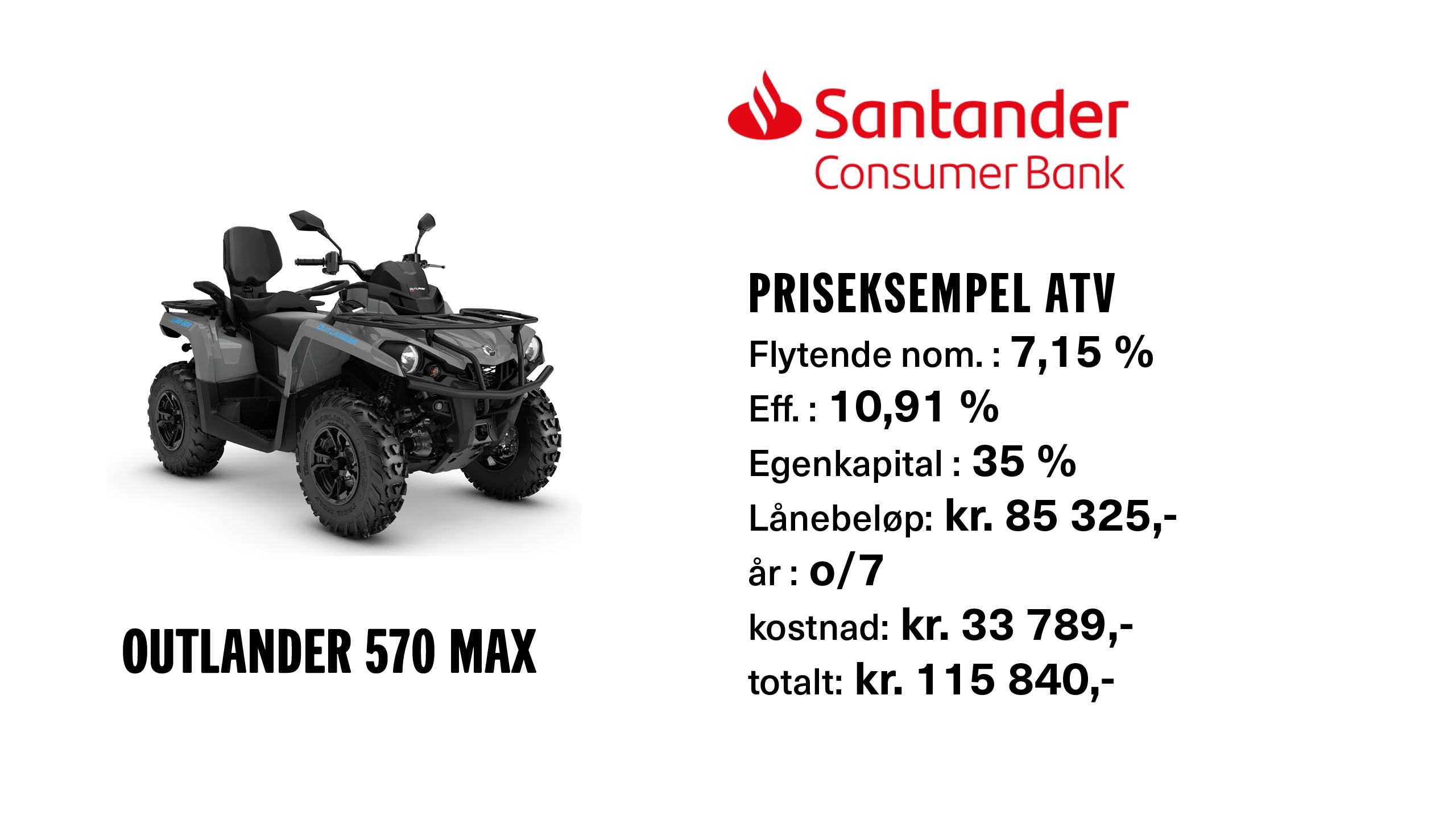 Priseksempel ATV lån fra Santander Consumer Bank: 7,15 %  flytende nom./ 10,91 % eff. 35 % egenkapital, lånebeløp: kr. 85 325,- o/7 år, kostnad: kr. 33 789,-  totalt: kr. 115 840,-"