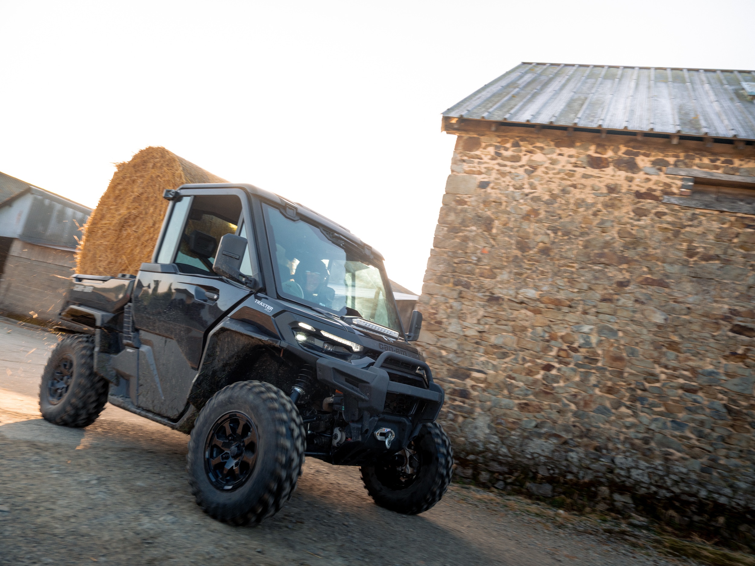 Two people riding a Can-Am Traxter SxS hauling a cow