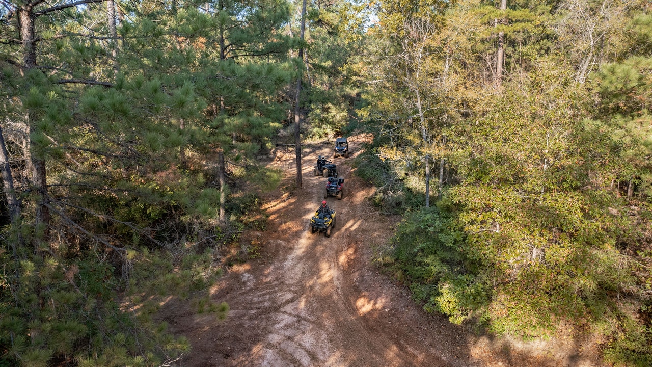 Quadriciclos e UTVs Can-Am numa trilha na floresta