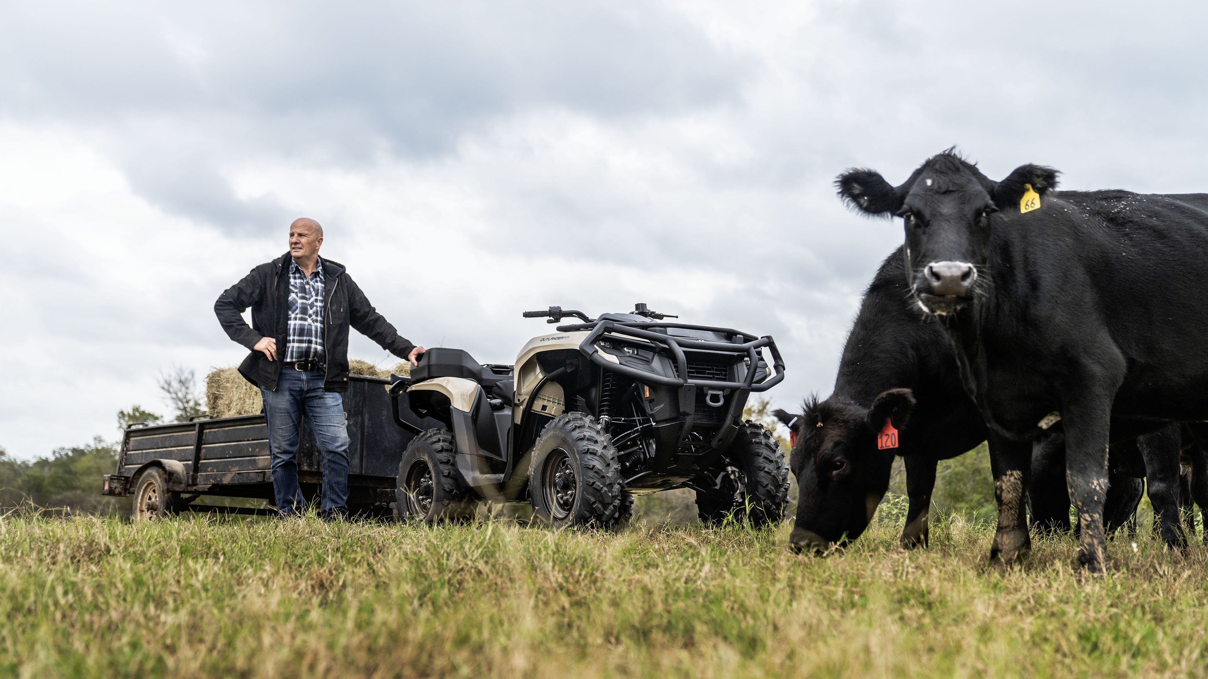 Farmer standing next to his 2023 Can-Am Outlander ATV in a field