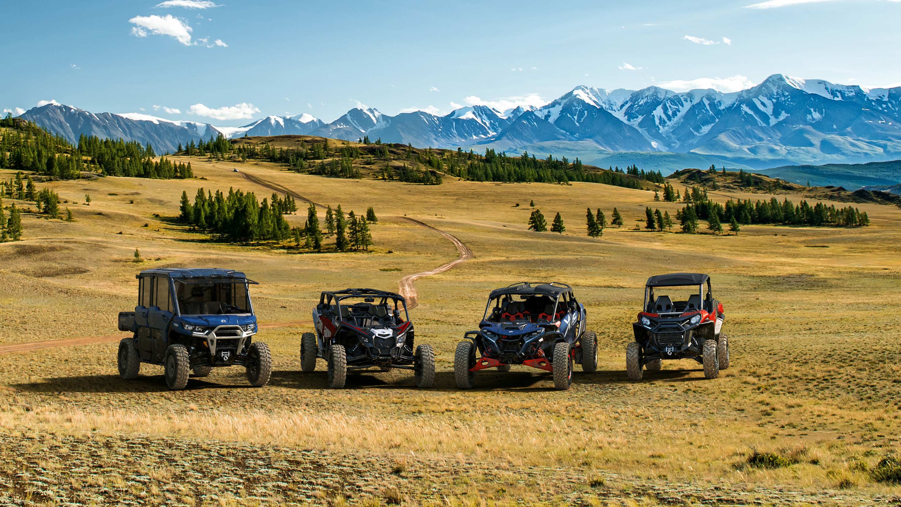 La familia Can-Am SXS, una al lado de la otra, frente a un vasto terreno repleto de montañas