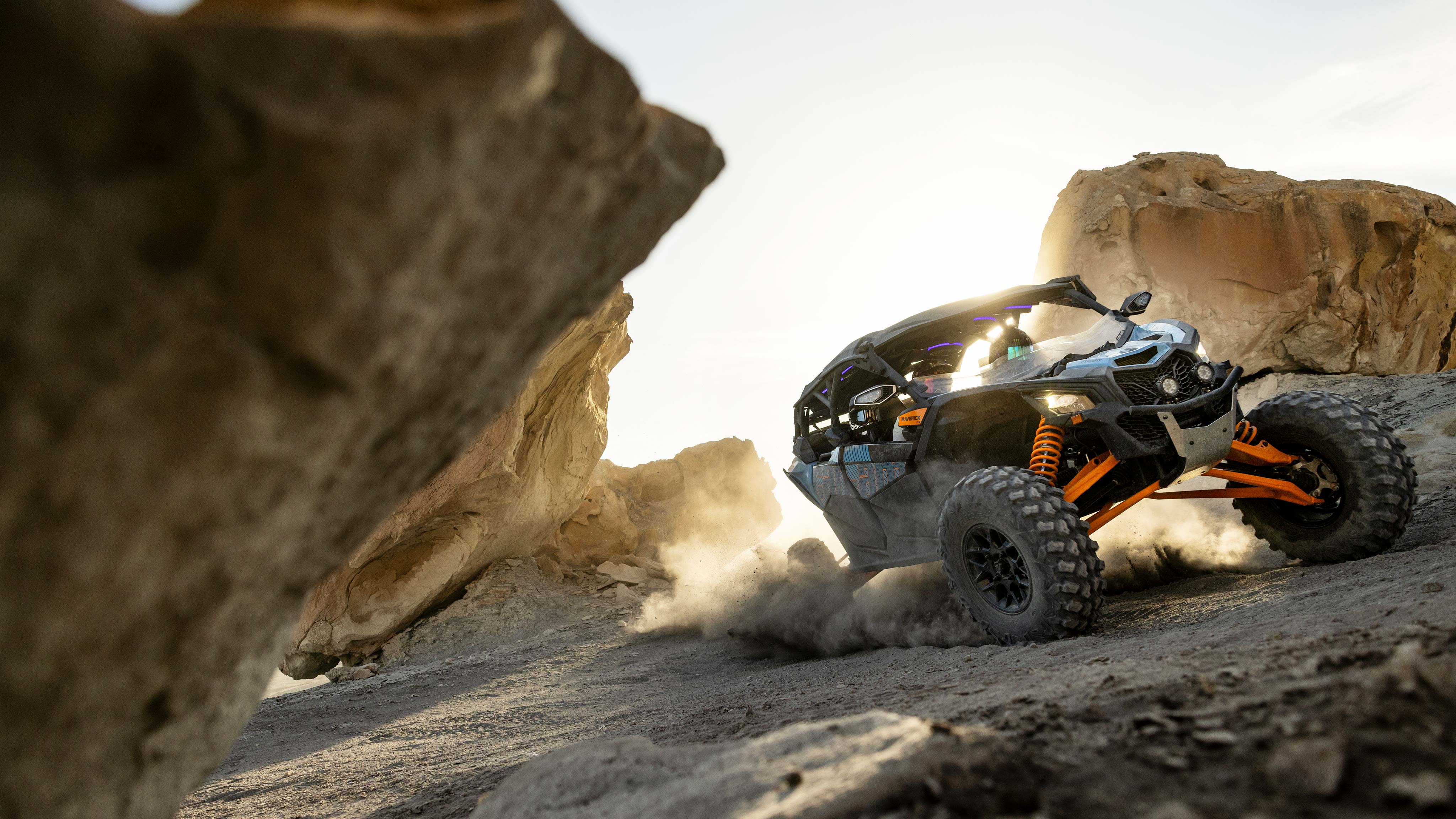 A Can-Am Maverick X3 MAX RS Turbo 2025, in action in the desert