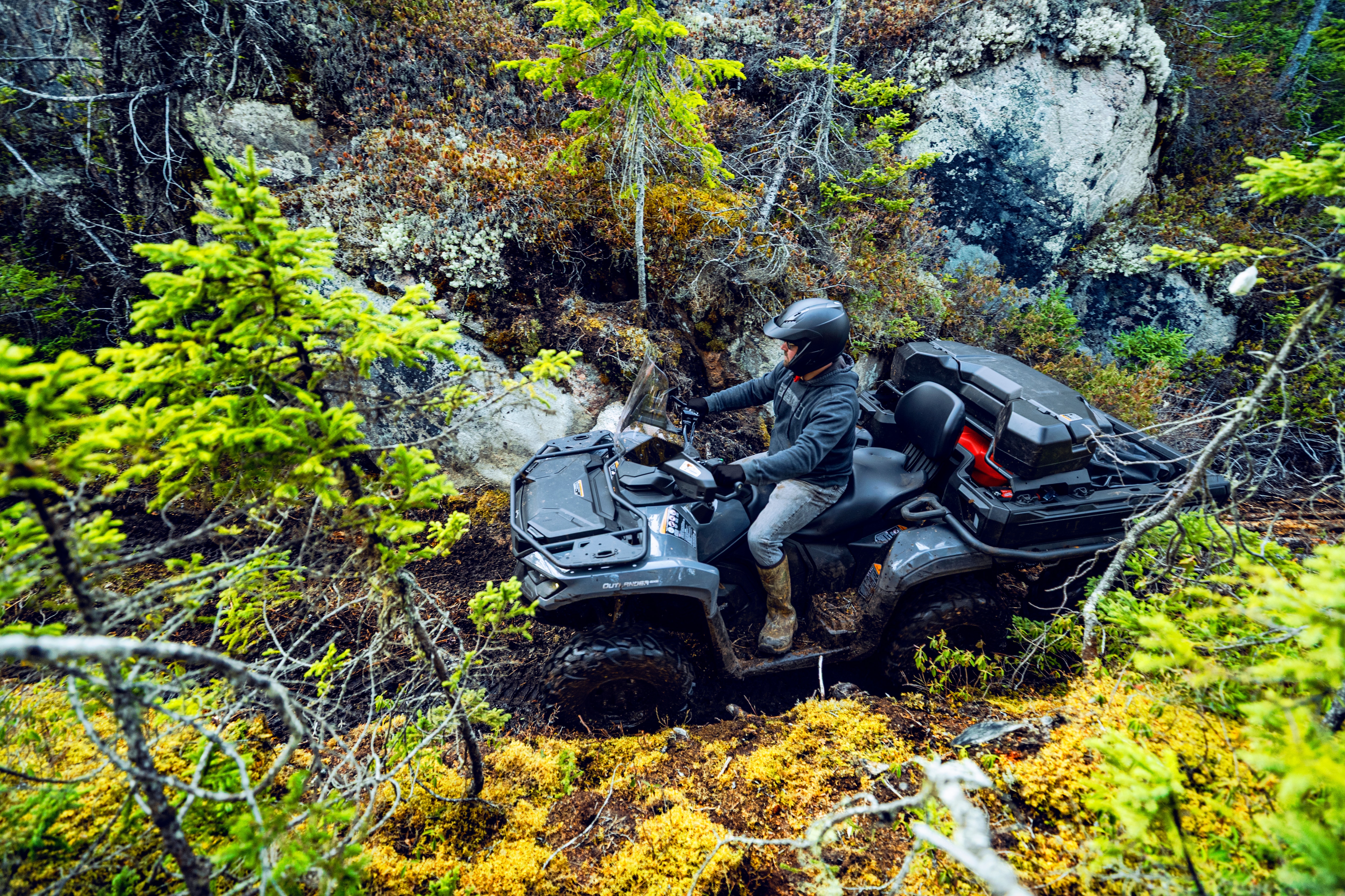Aerial view of a rider and his Can-Am Outlander 6x6 2026 ATV in a narrow trail 