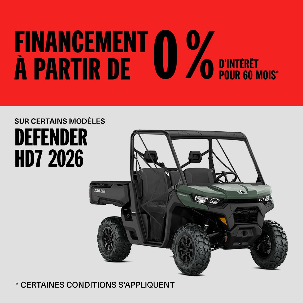 Financement à partir de 0 % d'intérêt pour 60 mois sur certains modèles Defender HD7 2026