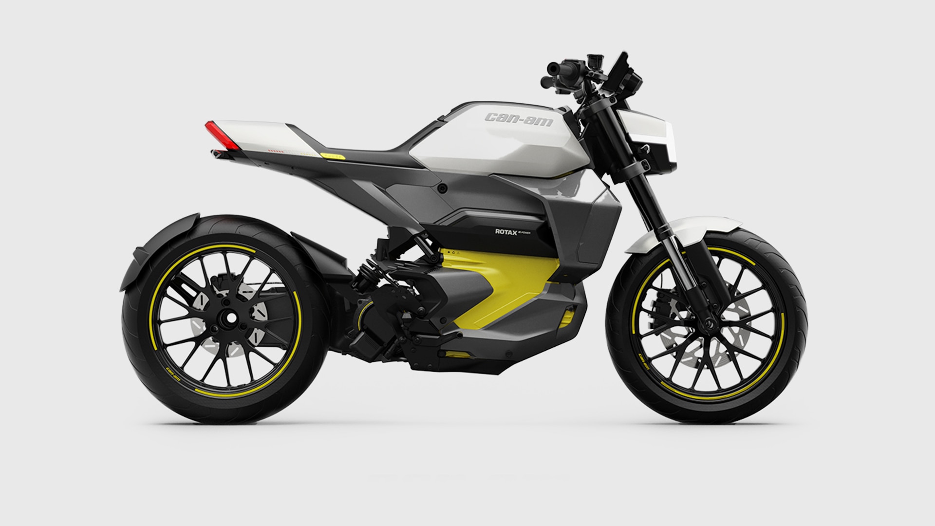 Elektrische motorfiets Can-Am Pulse op een witte achtergrond