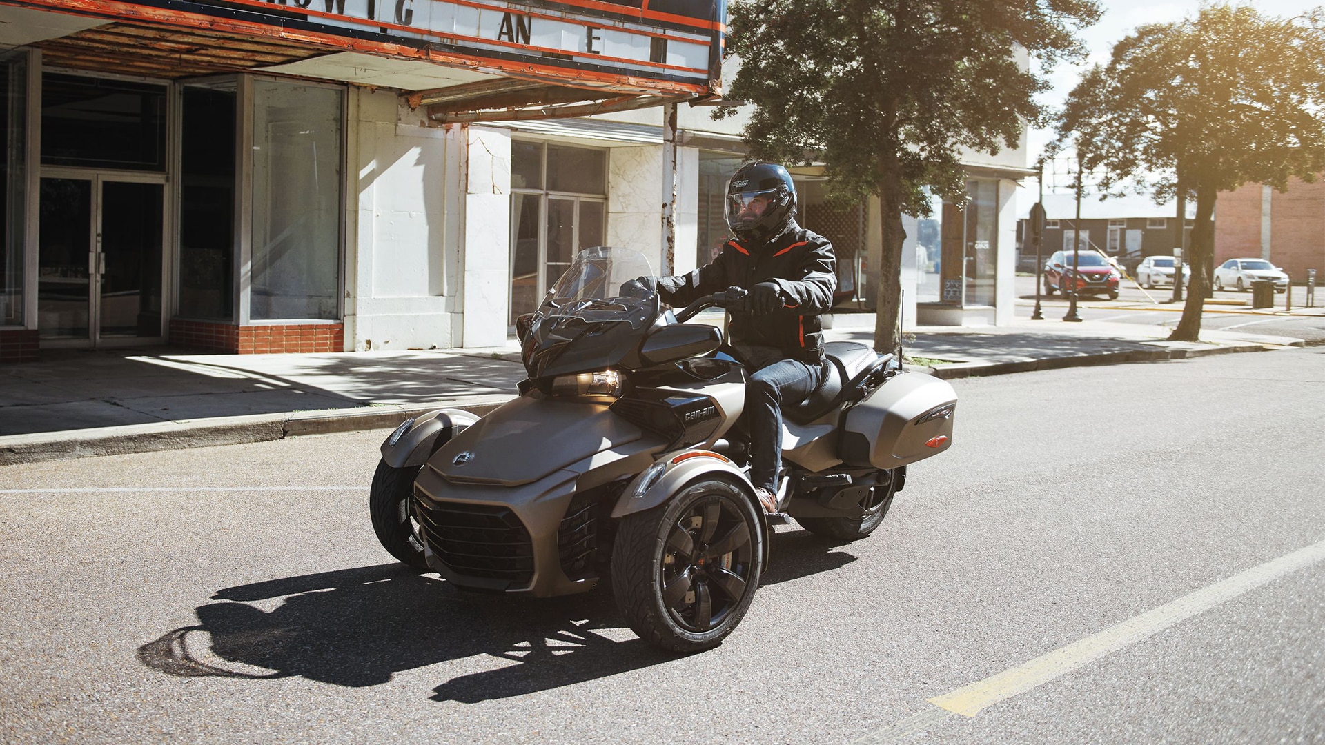 Rider driving a 2021 Can-Am Spyder F3 in the city