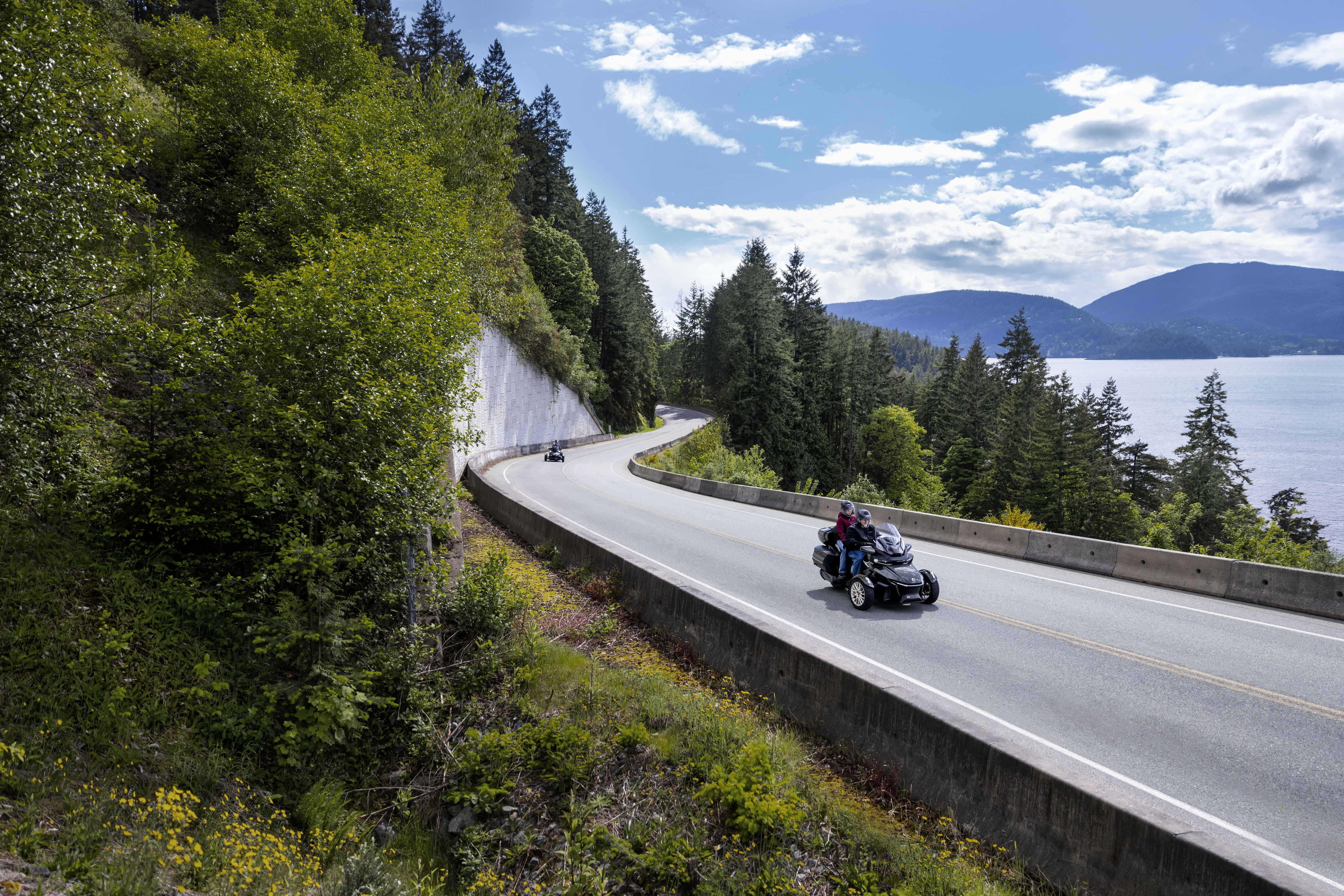 Beautiful scenery with a Can-Am Spyder RT Limited on the road.