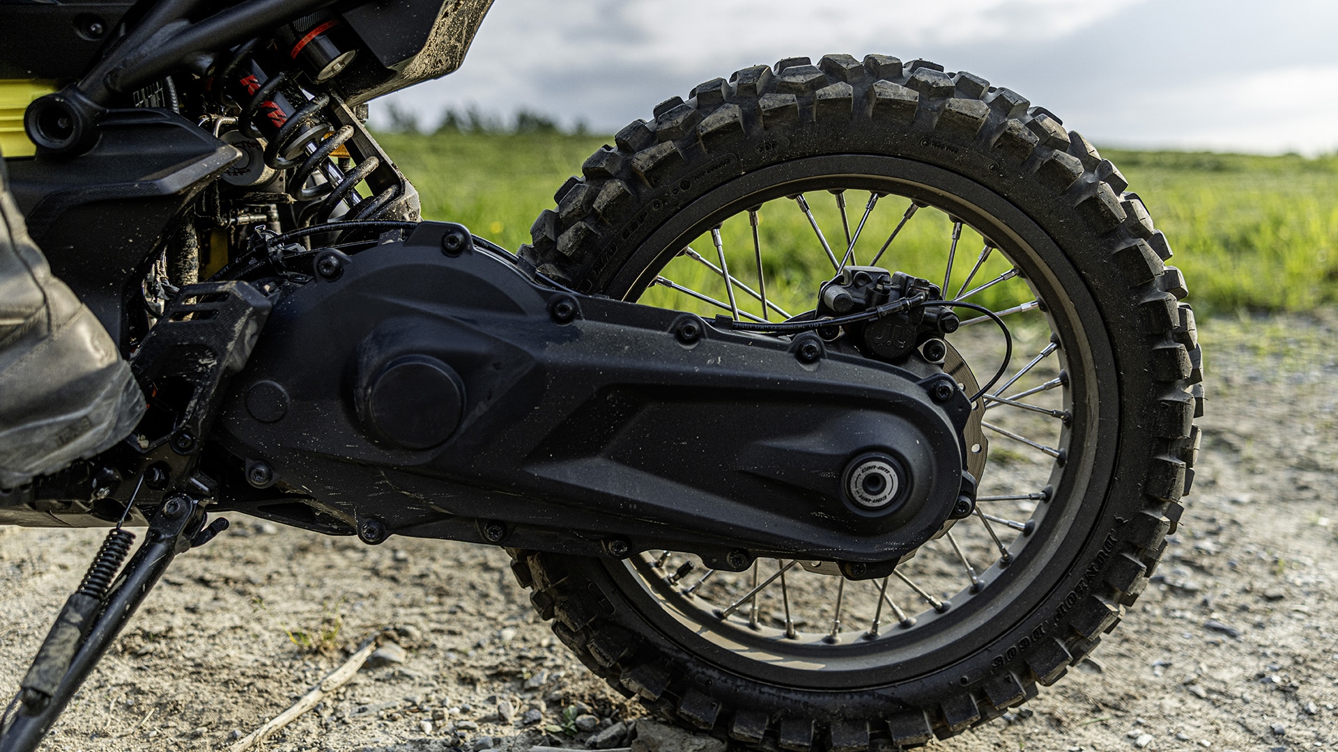 View of the chain case on the Can-Am Origin ev motorcycle