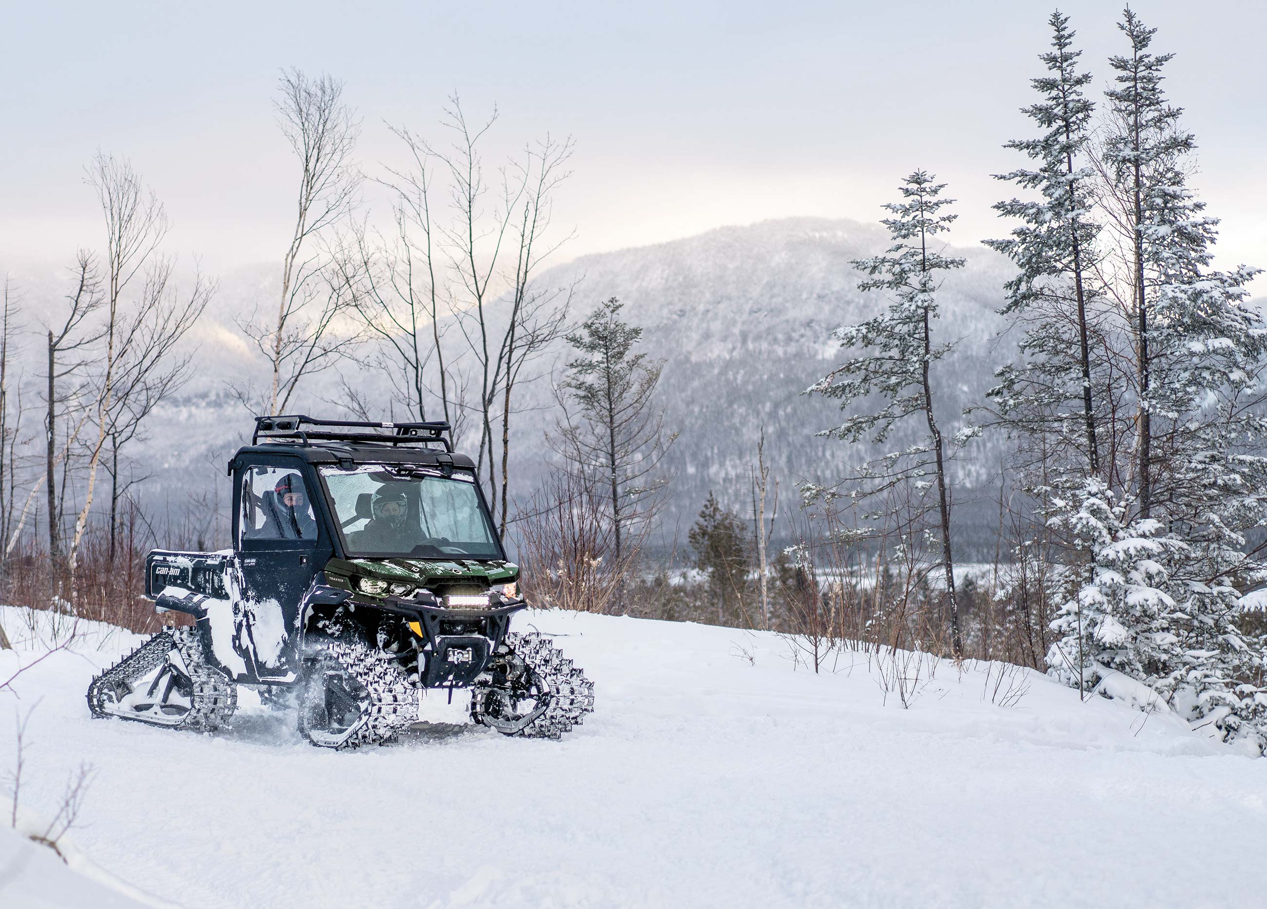 Can-Am Off-Road Side-by-Side Vehicle Defender CAB in a forest during winter