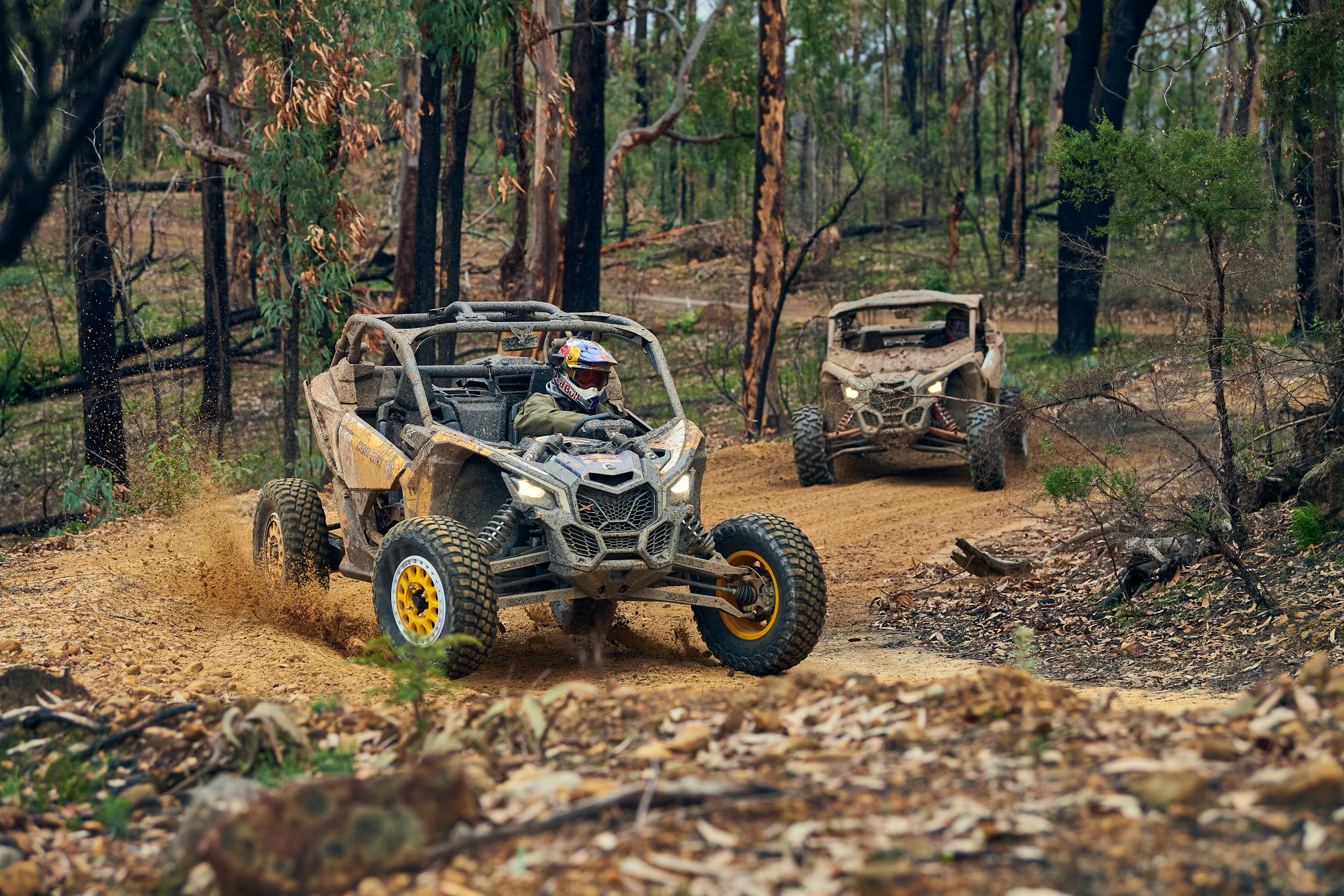 A side-by-side vehicle being driven on a dirt trail