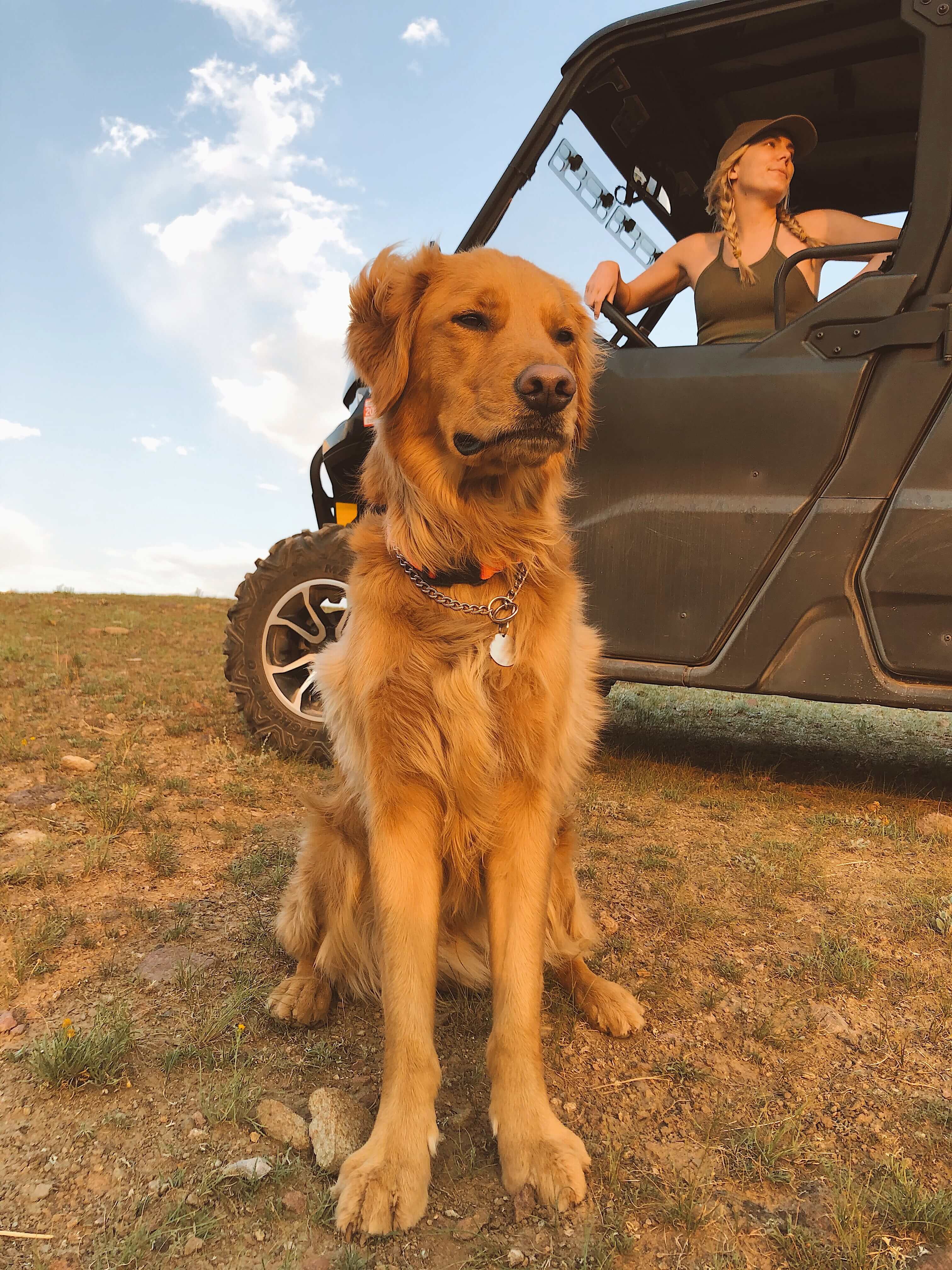 Claire Gierke sitting in her Can-Am Defender and on of her dogs right beside