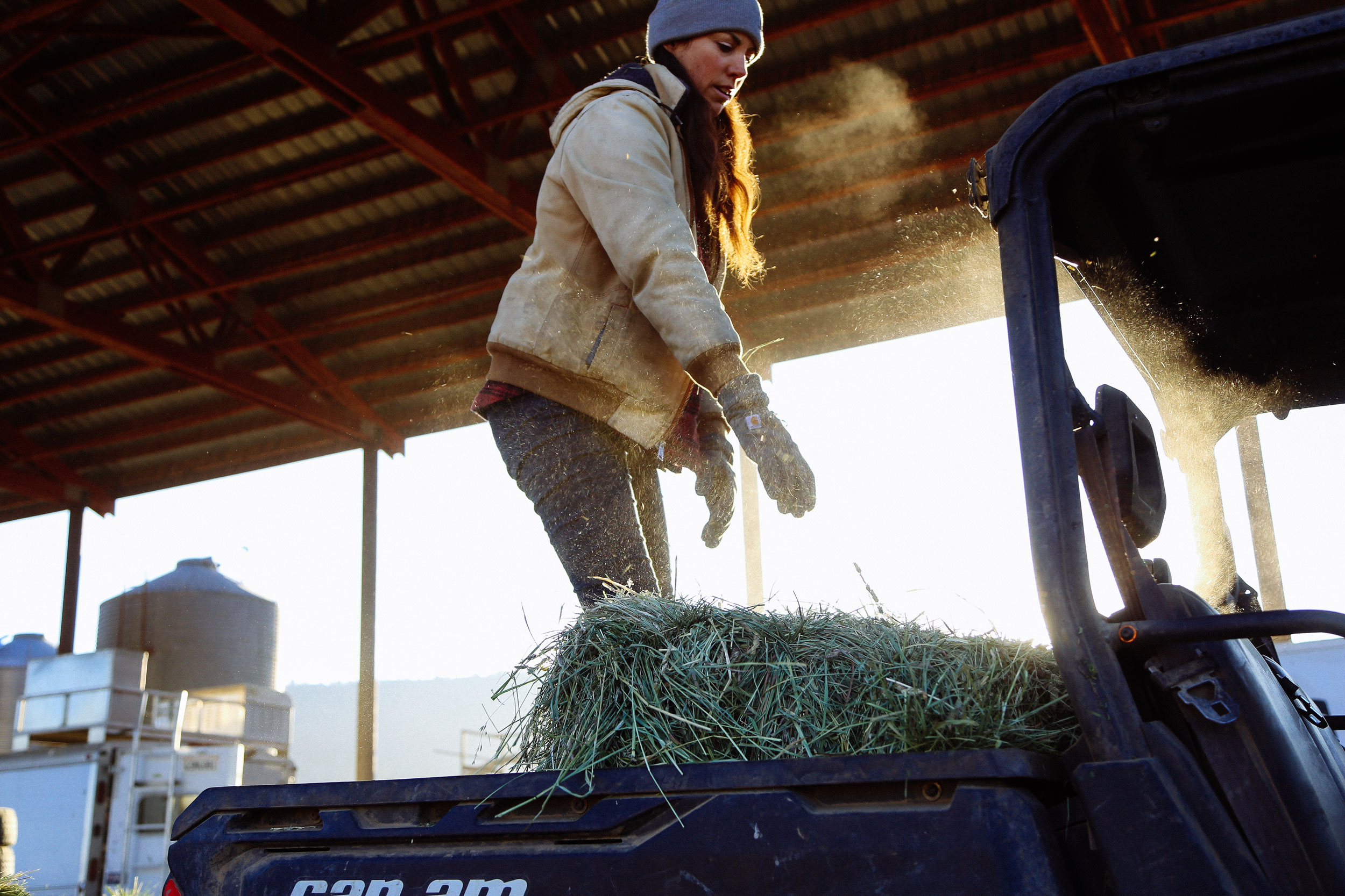 Mary Heffernan trabajando en la granja junto a su Can-Am Defender