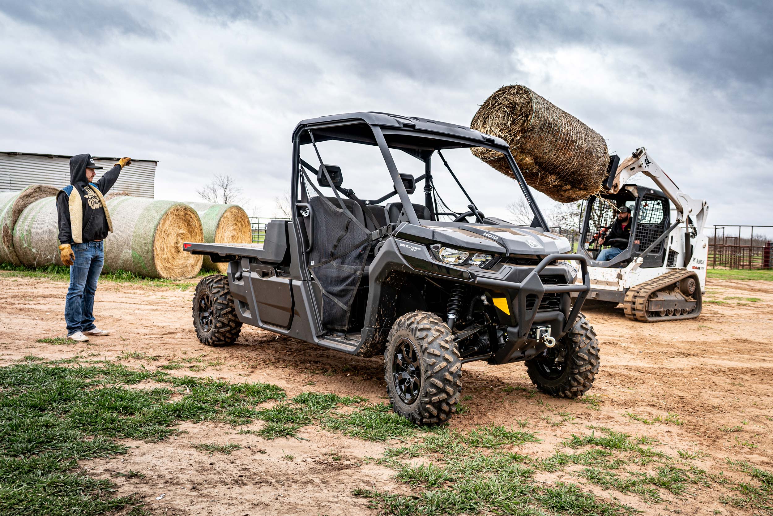 Can-Am Off-Road Defender Pro side-by-side on farm