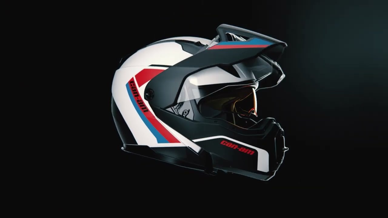 The Can-Am Exome Helmet opens at both the visor and chin guard with the touch of a button.