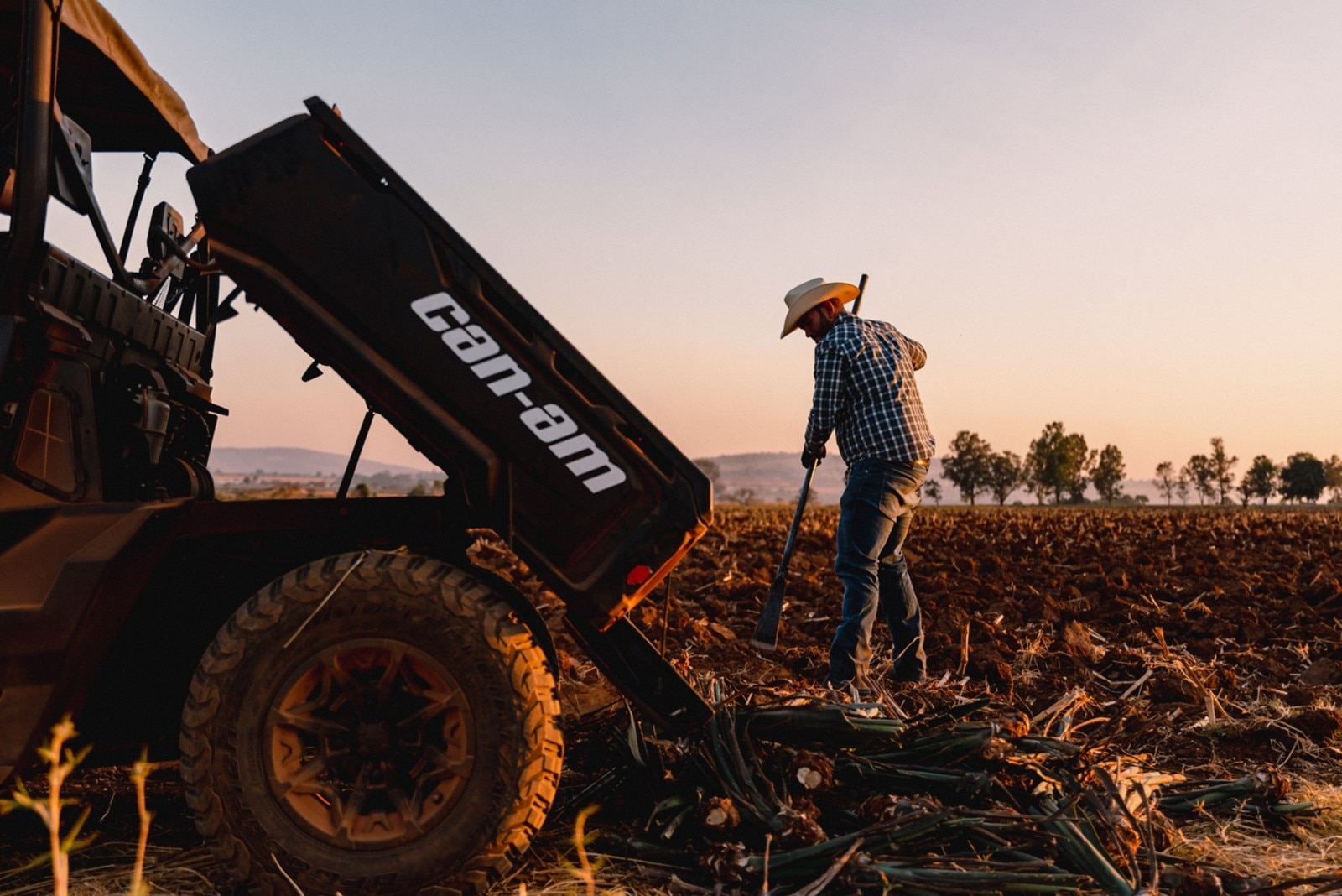 An agave farmer working his field, wearing a cowboy hat in the setting sun with his Can-Am Defender hydraulic bed in the foreground.