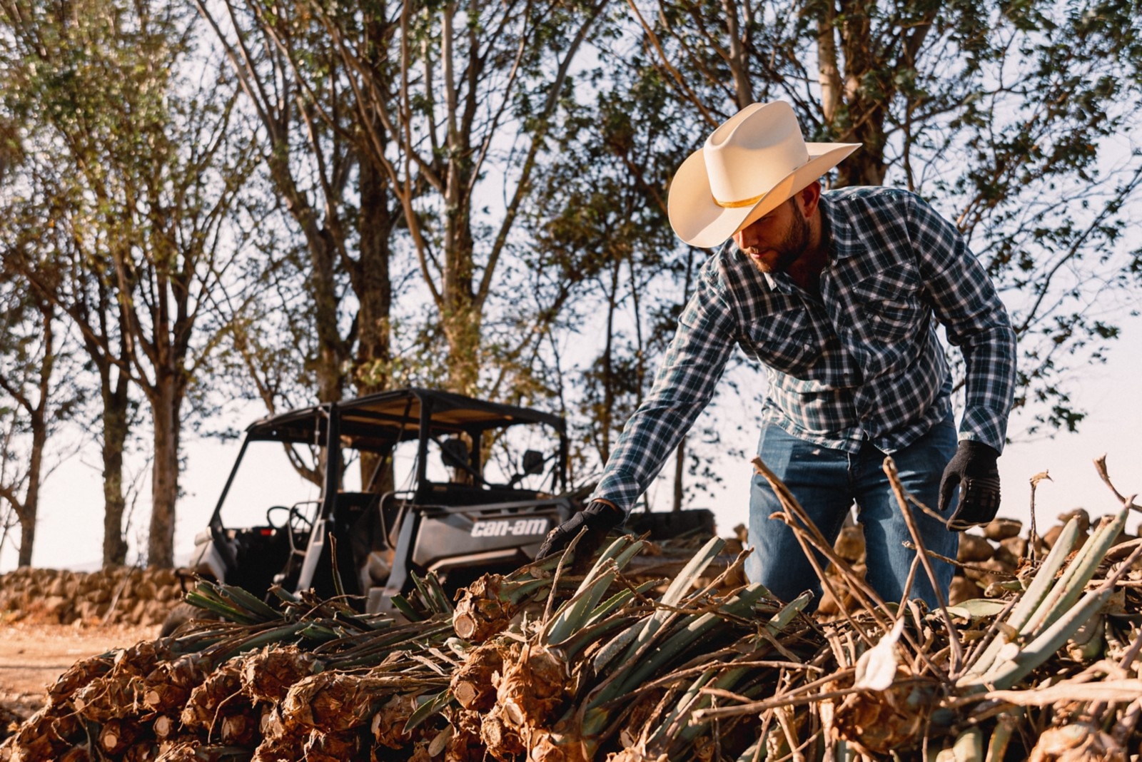 A farmer harvesting agave and making a pile in front of his Can-Am Defender.