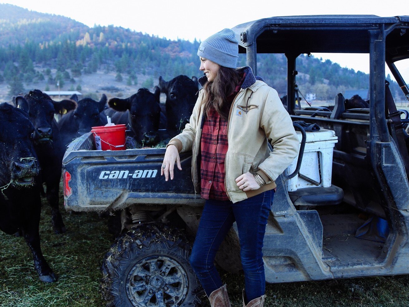 Mary Heffernan leaning on the box of her Defender in a field surrounded by black cows 