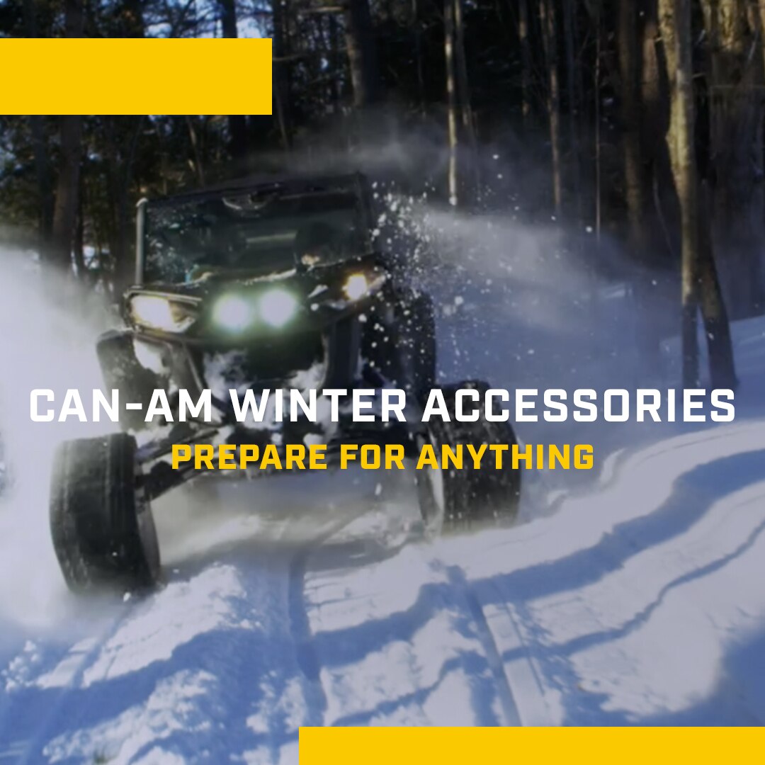 Various Can-Am off-road vehicles in action, equipped with winter accessories