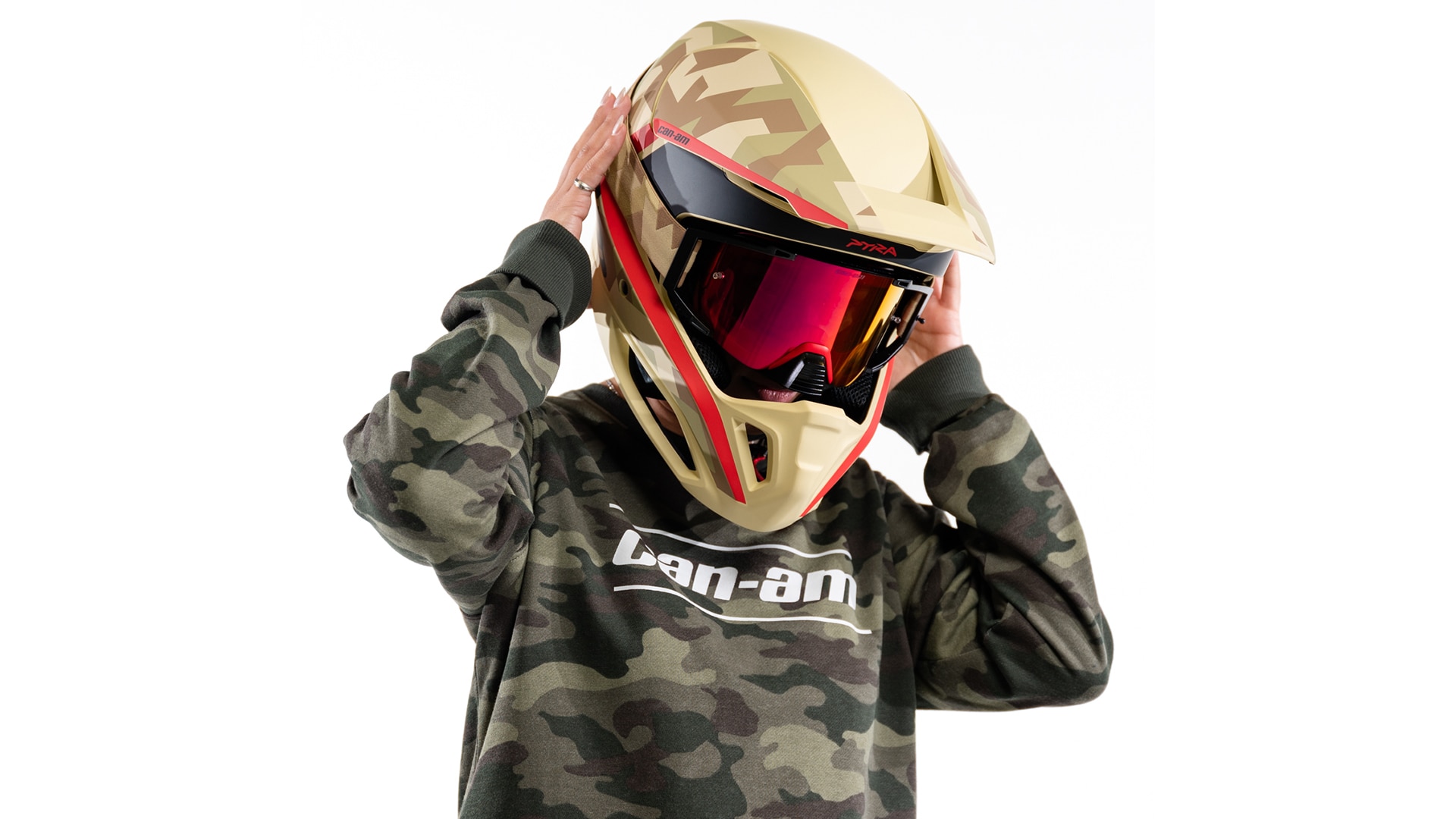 Can-Am model wearing goggle