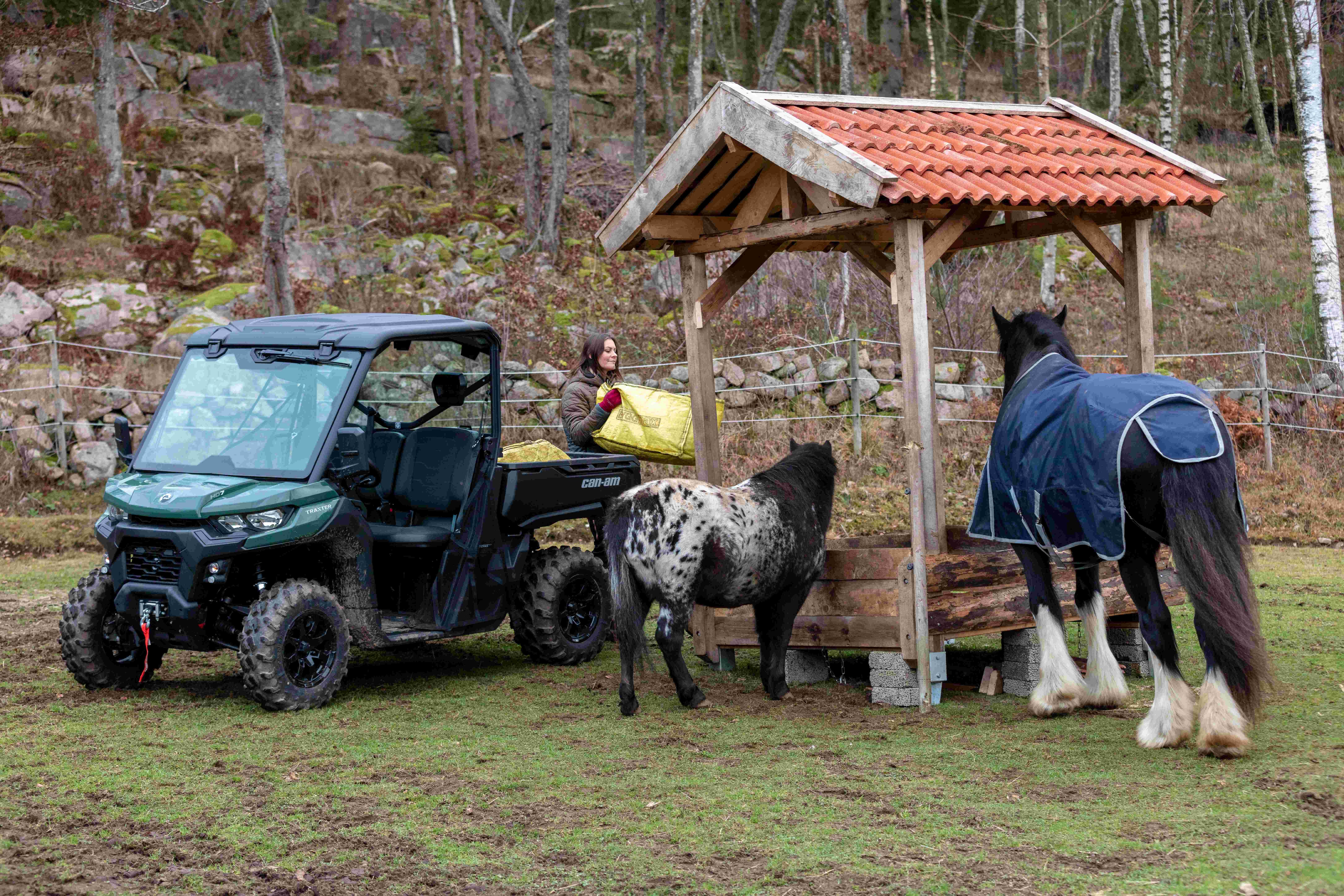 Floor Jansen feeding horses next to Can-Am Traxter