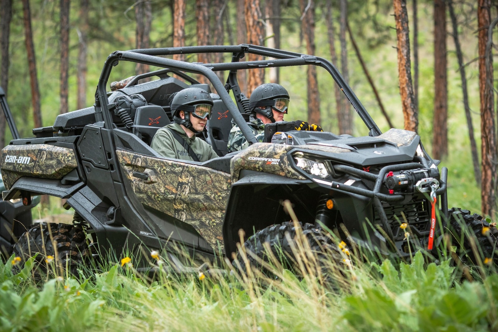 Two Can-Am riders in their Commander 1000R dressed in camo