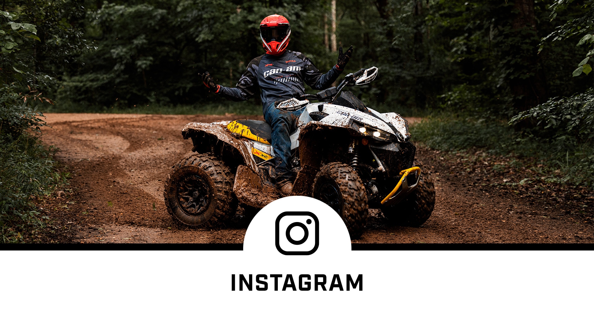 Man sits on Can-Am Renegade X xc 1000R and an Instagram social media logo