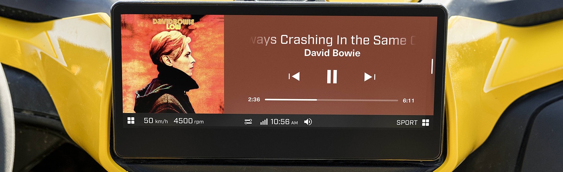 Touch display inside the Maverick R displaying music 