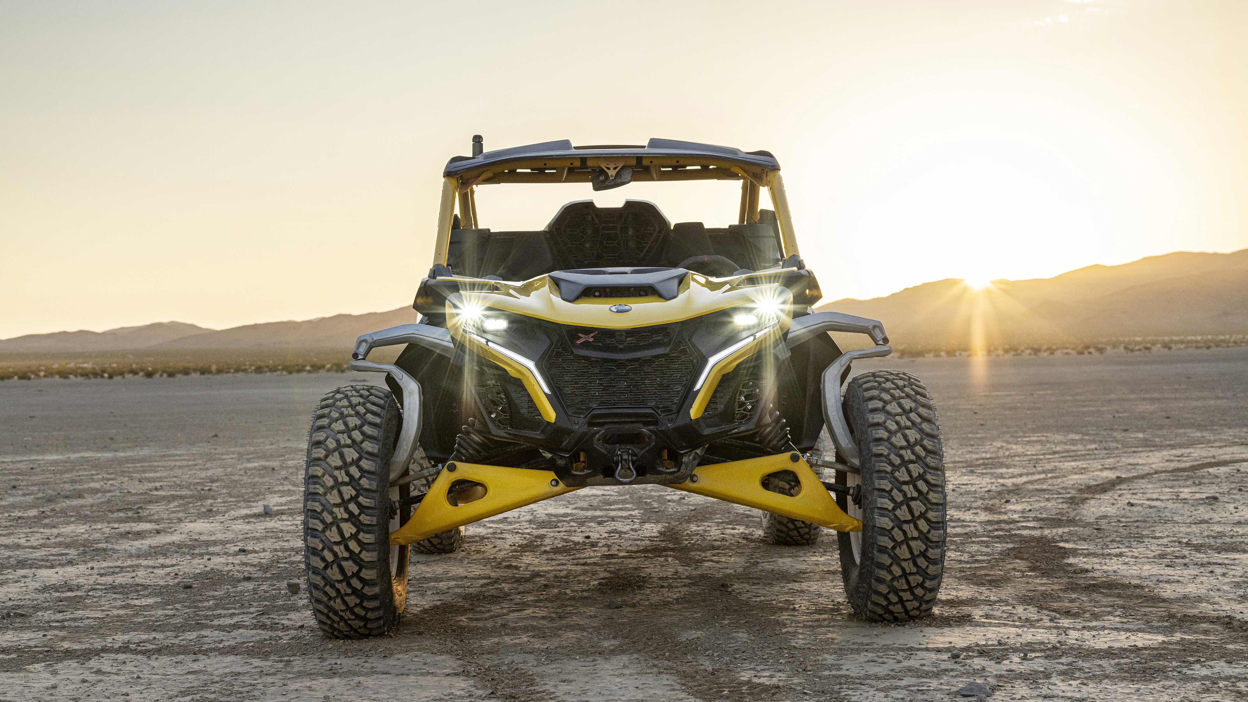Front view of a 2024 Can-Am Maverick R RS side-by-side vehicle