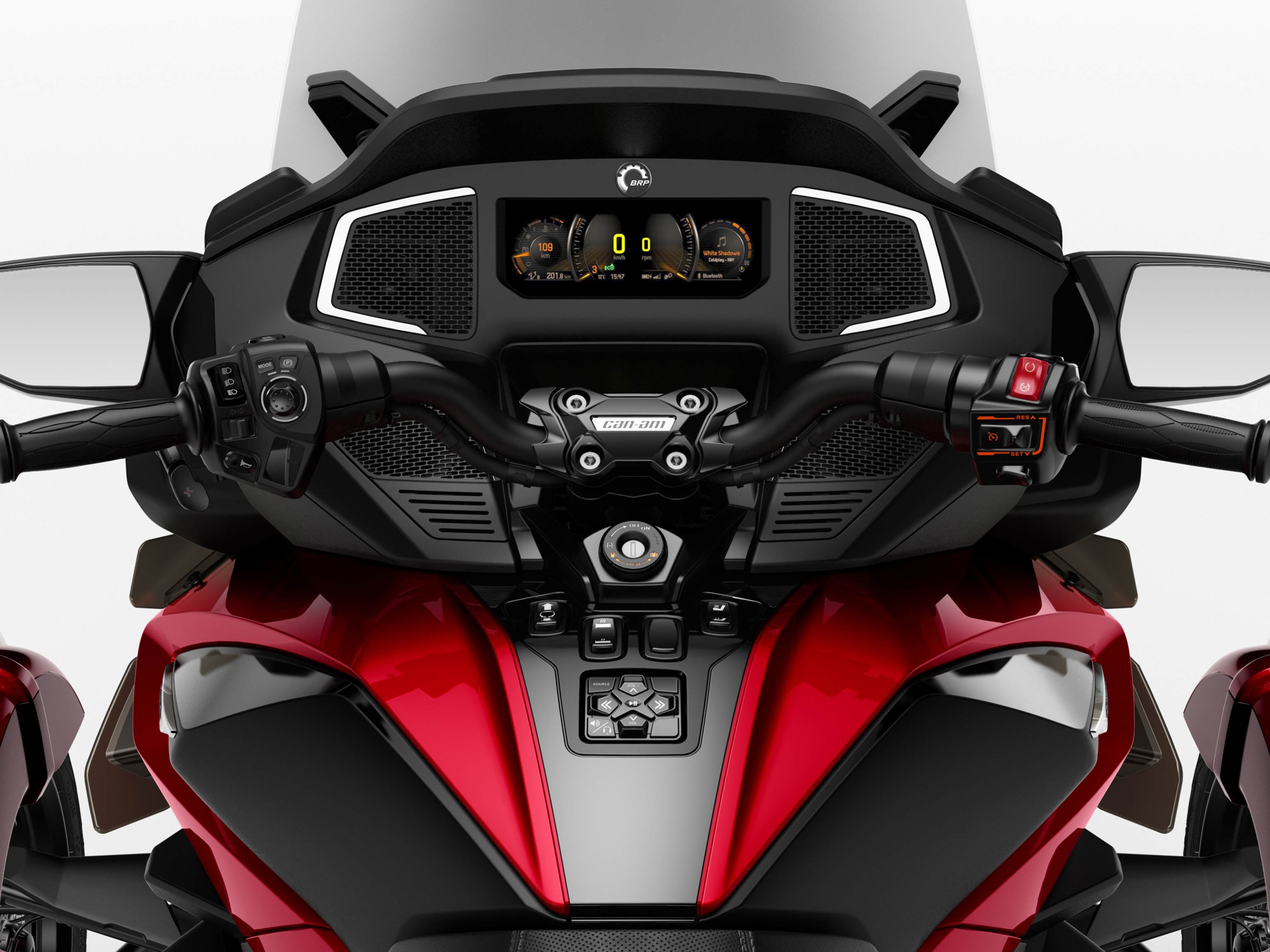 3D image of a Can-Am Spyder RT. View from the driver seat