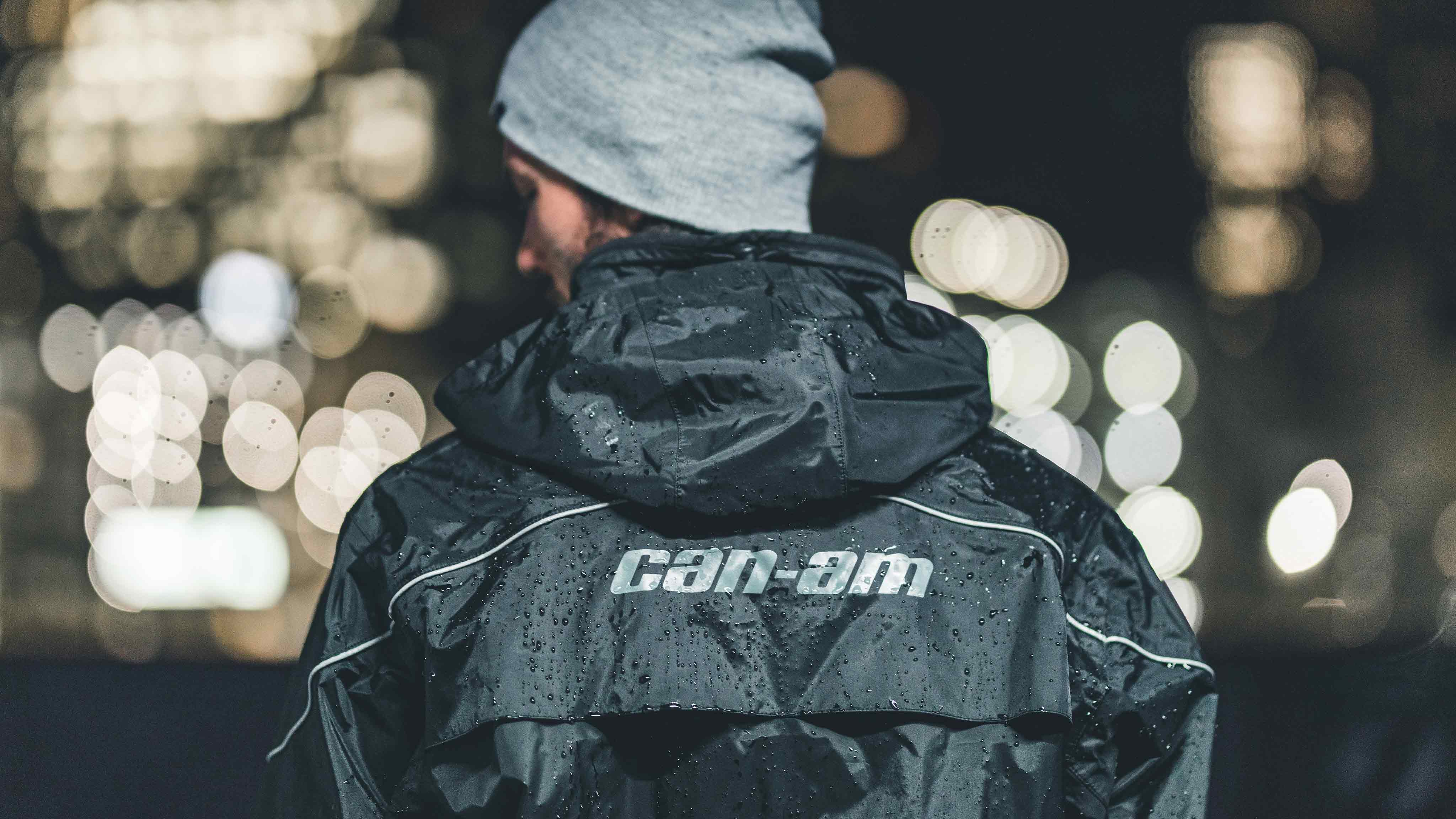 Back of rider wearing Can-Am On-Road raingear