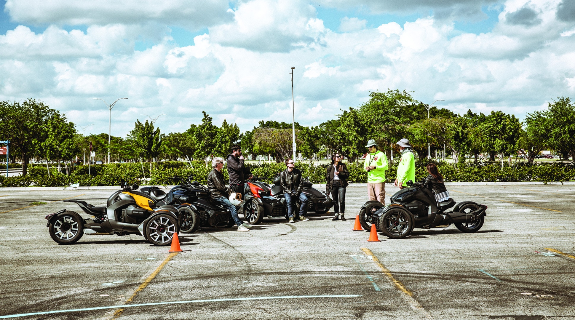 Group of riders in parking lot