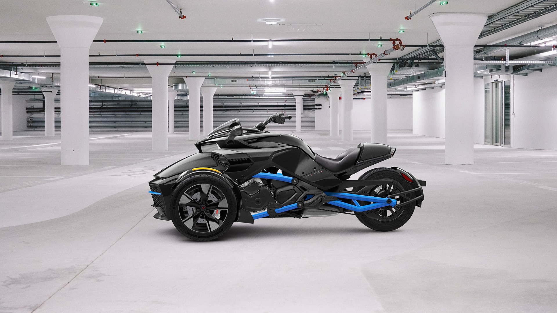 Can-Am Spyder F3-S-SS Monolith Black Satin in a garage