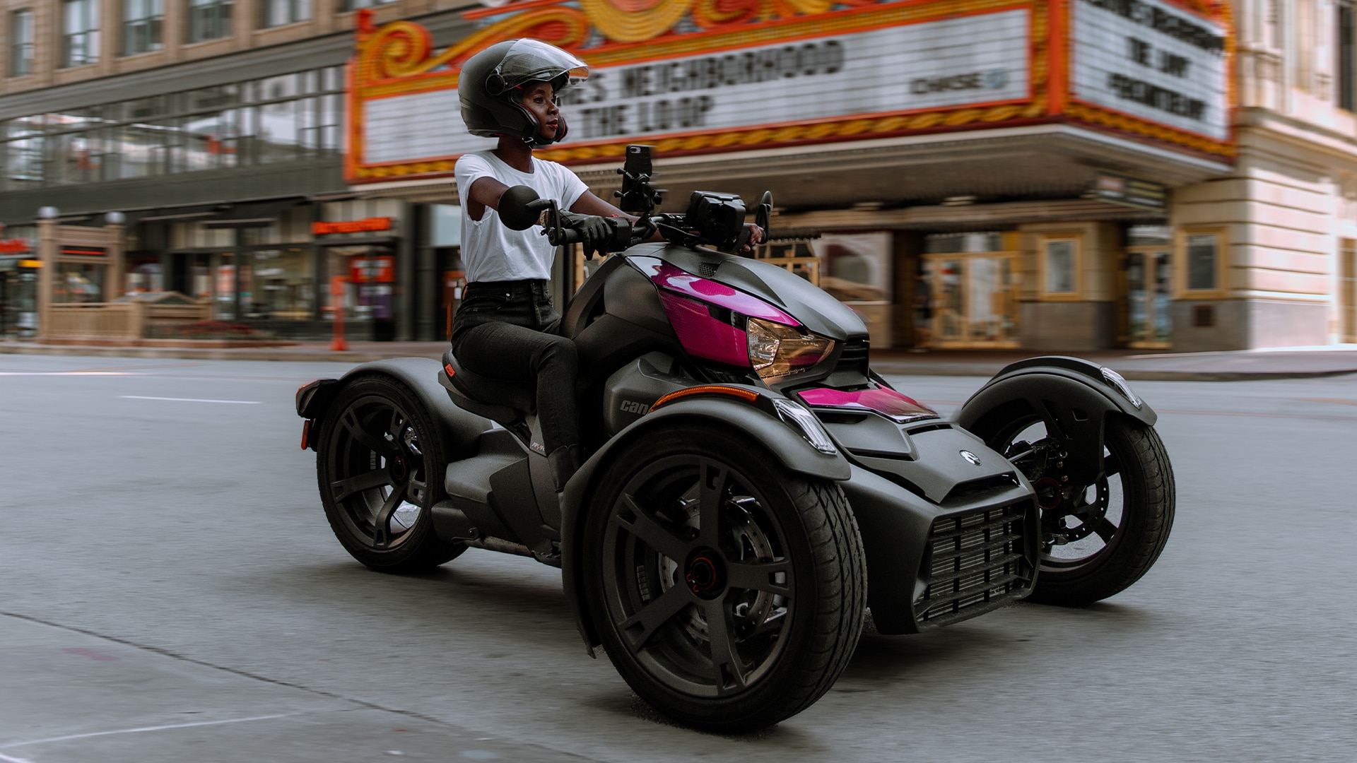 Blake Gifford, Can-Am On-Road ambassador, setting off for a ride on her 3-wheel vehicle