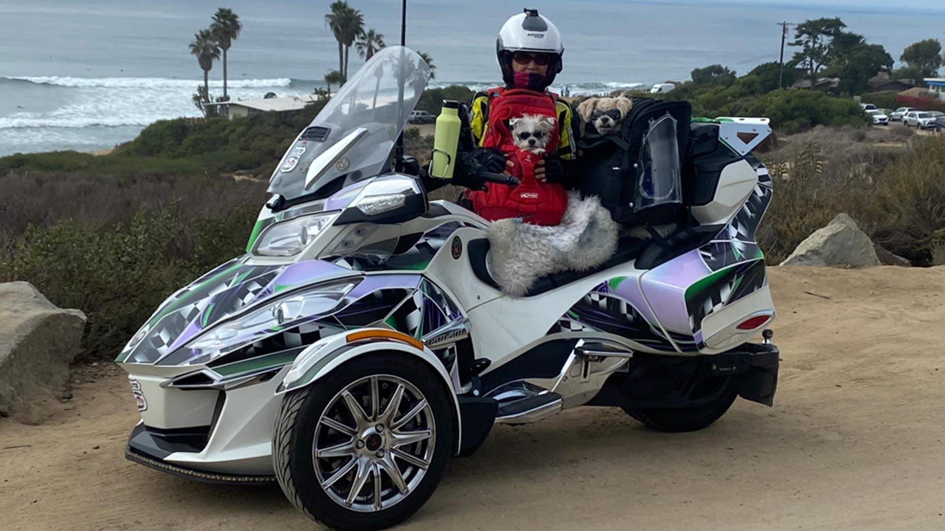 On-Road ambassador Mihee Olsen about to on a ride on her Spyder RT with her dogs