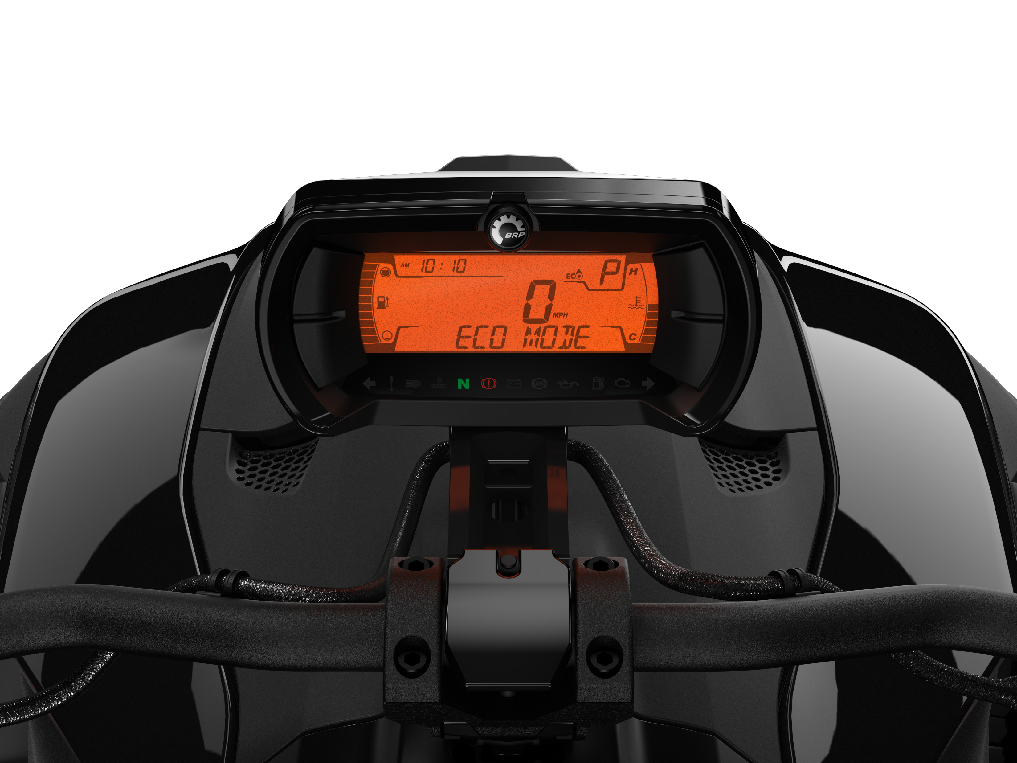 The driver’s seat view of a Can-Am Ryker vehicle’s console with Eco Mode Smart Assist activated